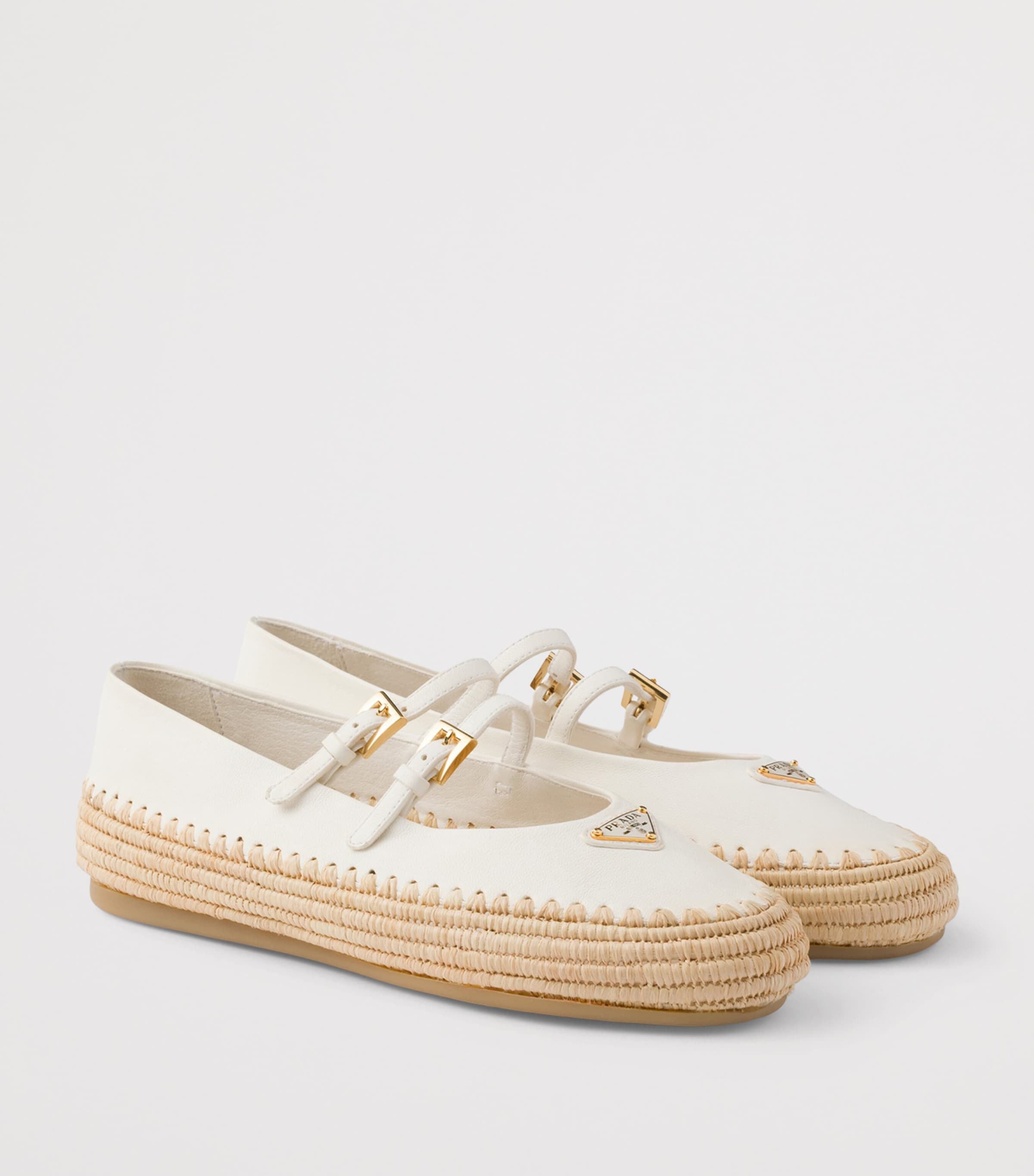Prada Leather and Raffia Ballet Flats Neutral Image 2