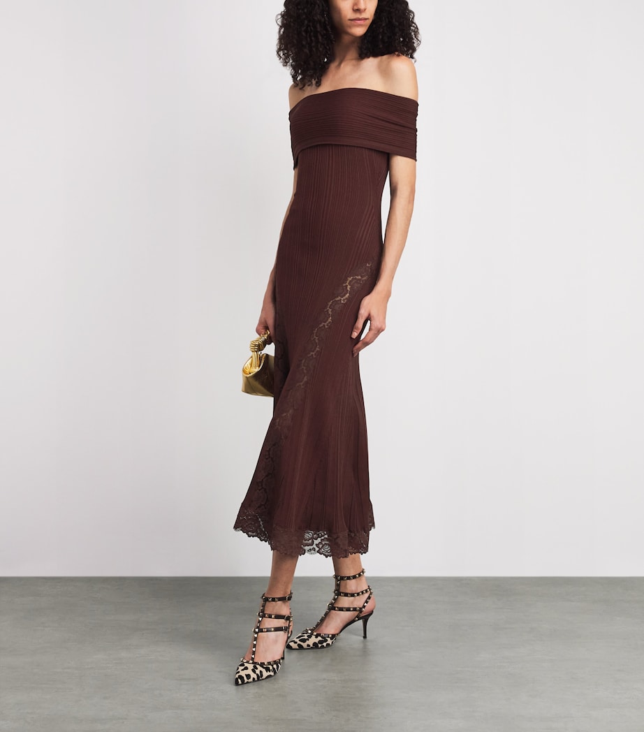 Self-Portrait Womens Knitted Lace-Insert Midi Dress Burgundy Image 2