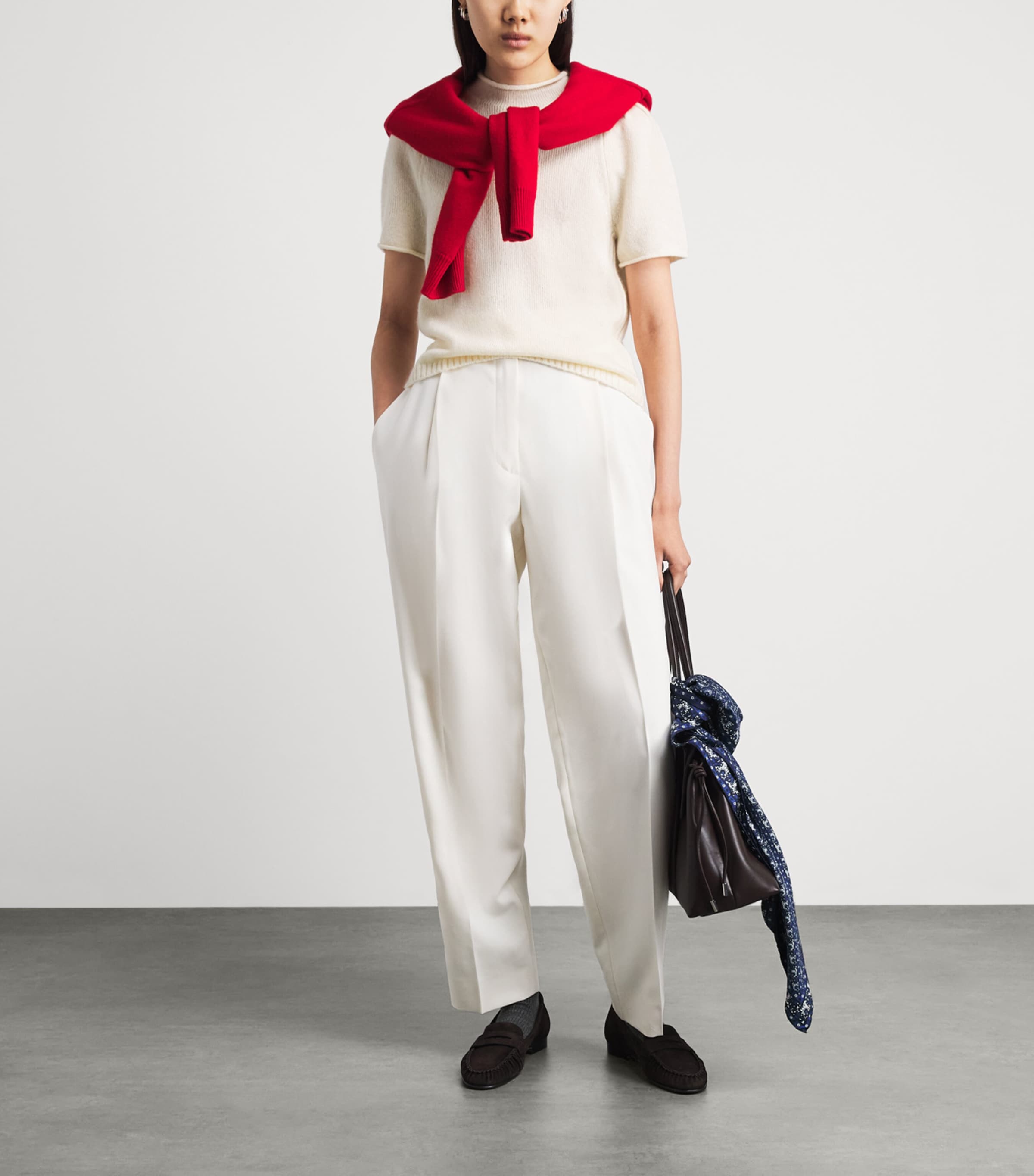 ME+EM Womens Wool-Cashmere-Silk Puff-Sleeve T-Shirt Cream Image 2