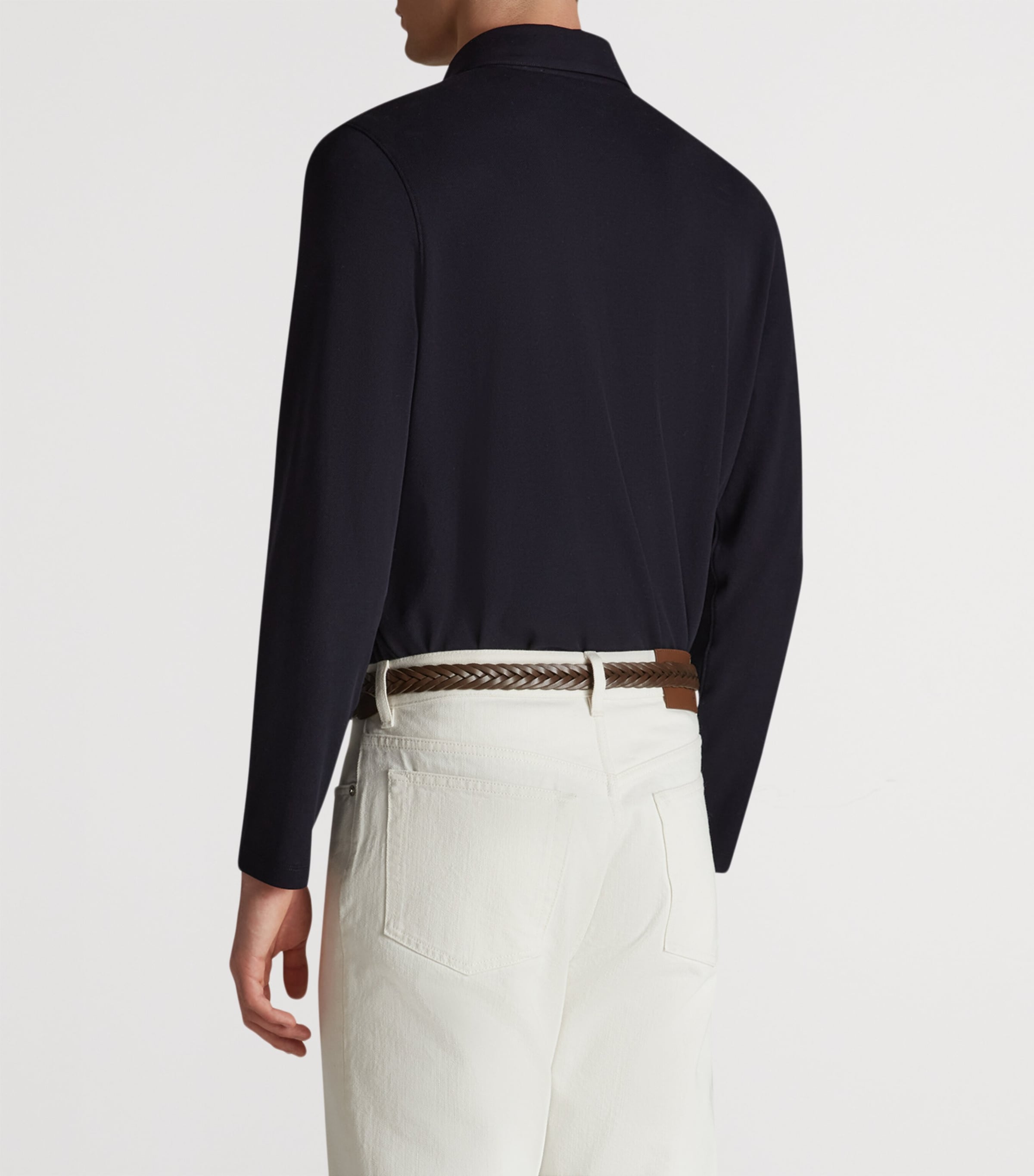 Cotton-Silk Piqué Long-Sleeve Polo Shirt 416HOUSE NAVY Image 4