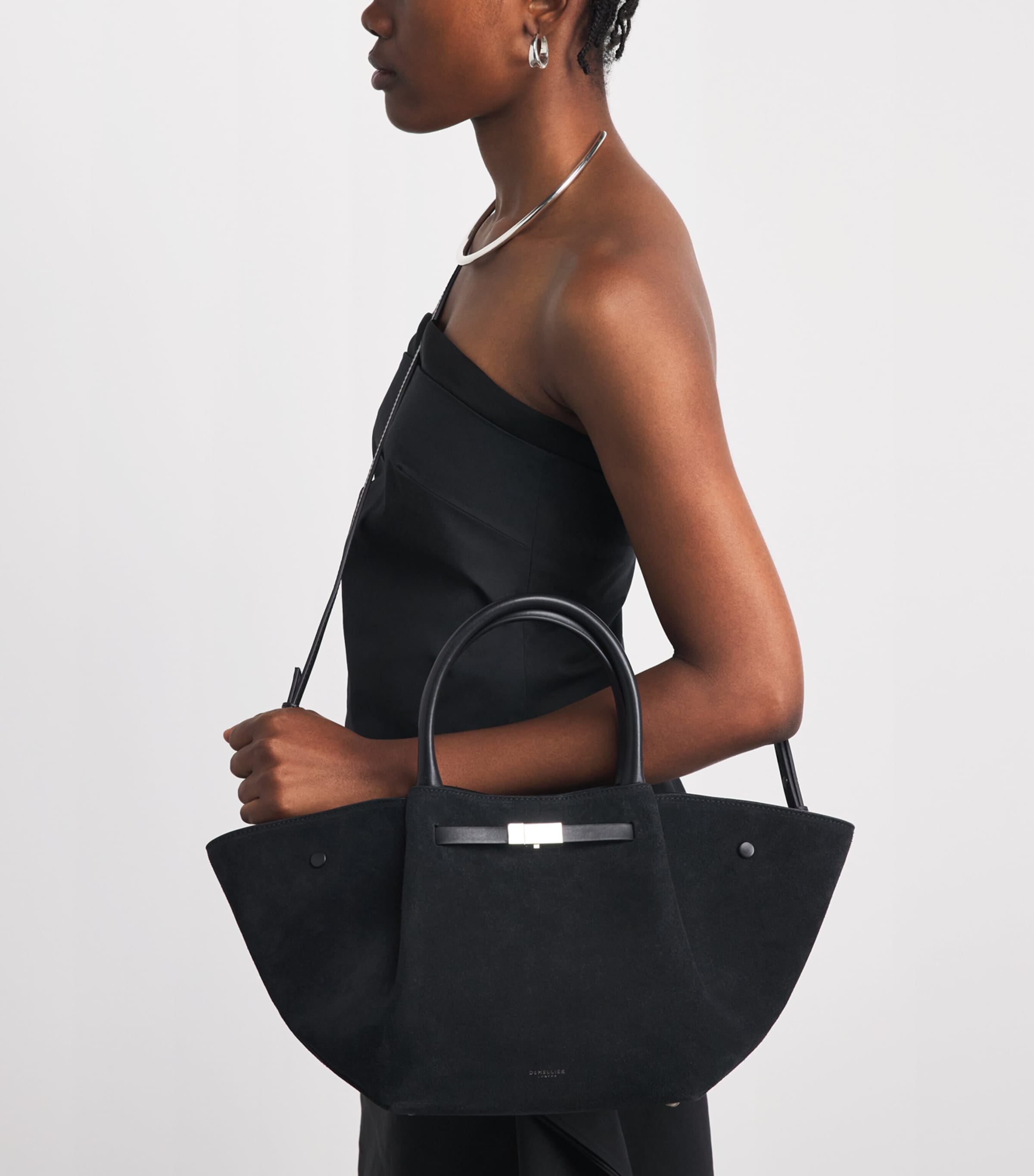 Demellier Midi Suede The New York Tote Bag Black/black W/sh Image 2