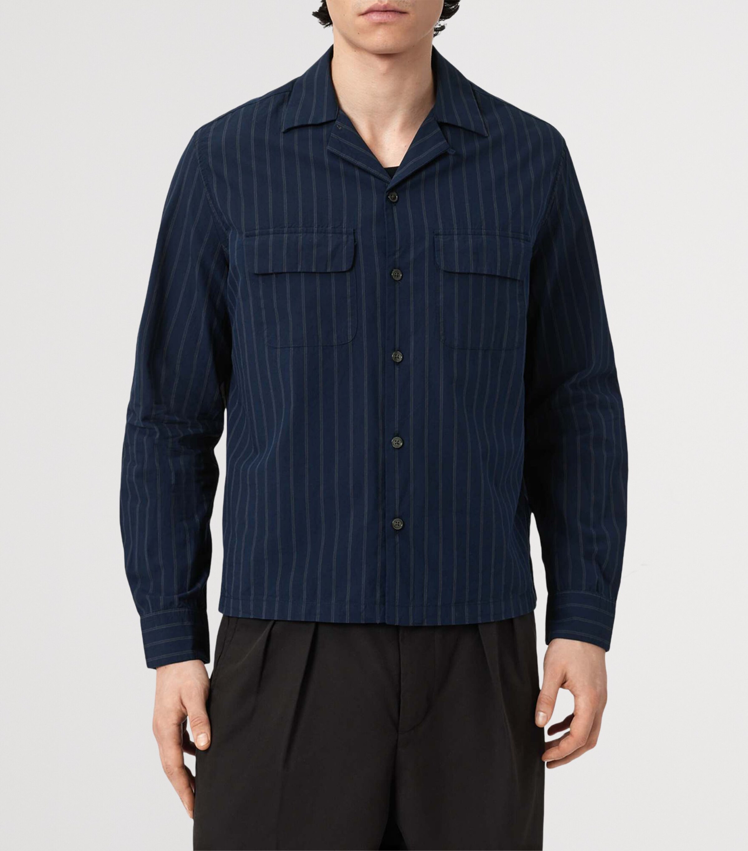 AllSaints Mens Organic Cotton Stripe Stanley Shirt Navy Blue Image 6