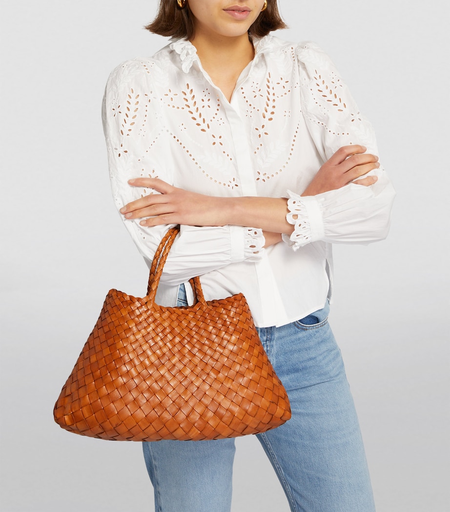 Small Leather Woven Santa Croce Tote Bag TAN Image 5