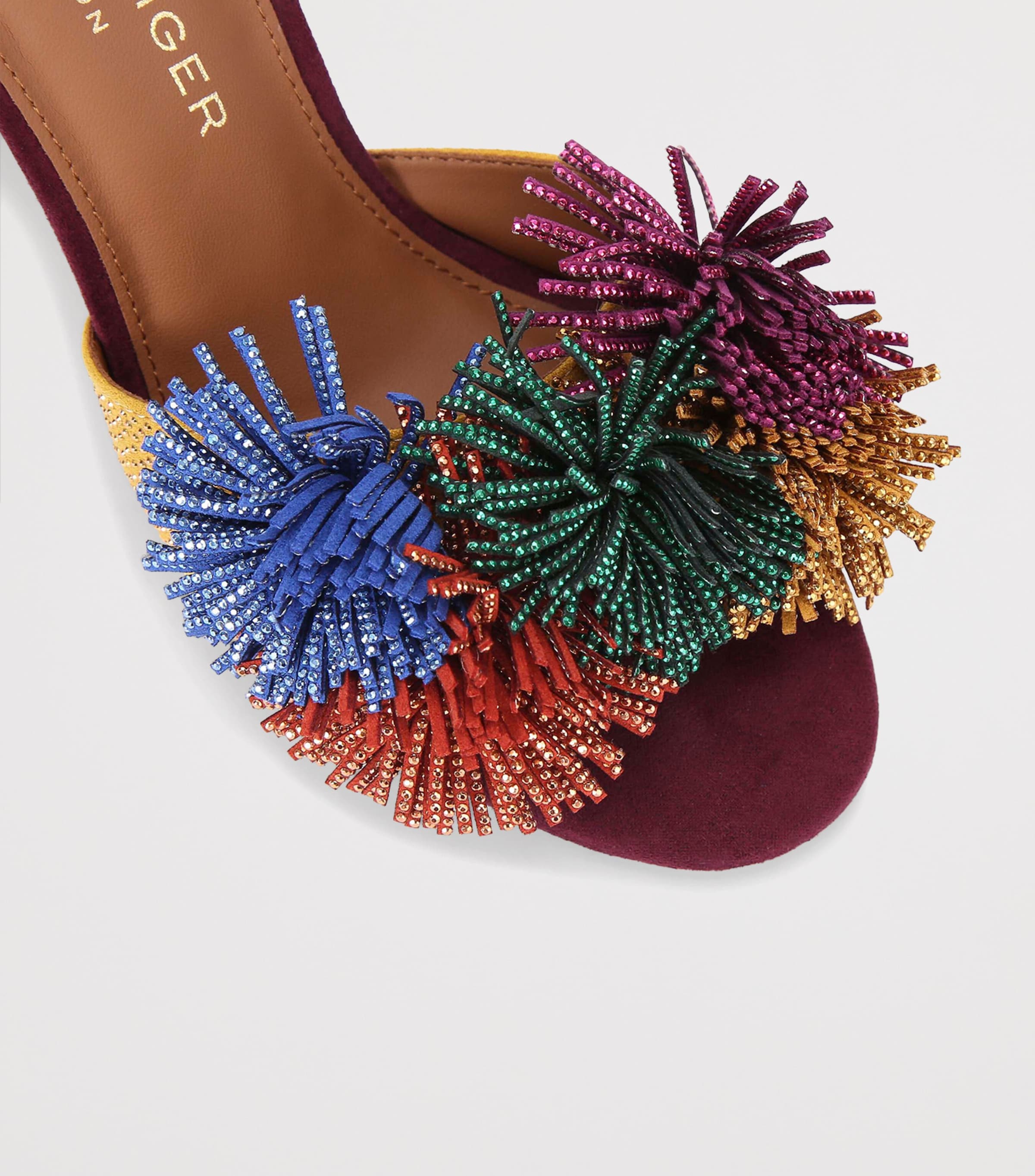 Kurt Geiger London Suede Embellished Pom Pom Sandals Wine Comb Image 3