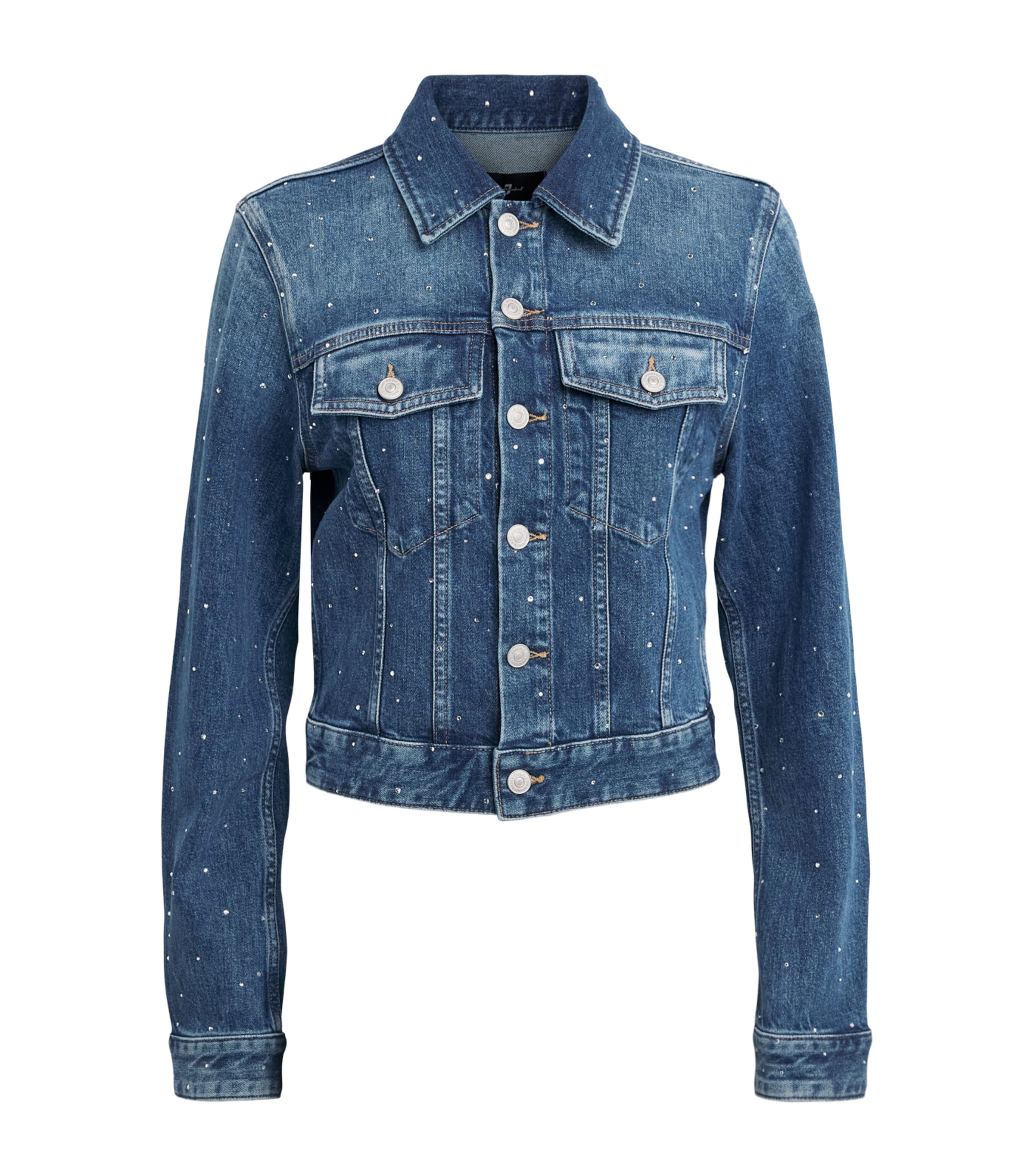 7 For All Mankind Womens Embellished Trucker Denim Jacket Blue Shine Image 1