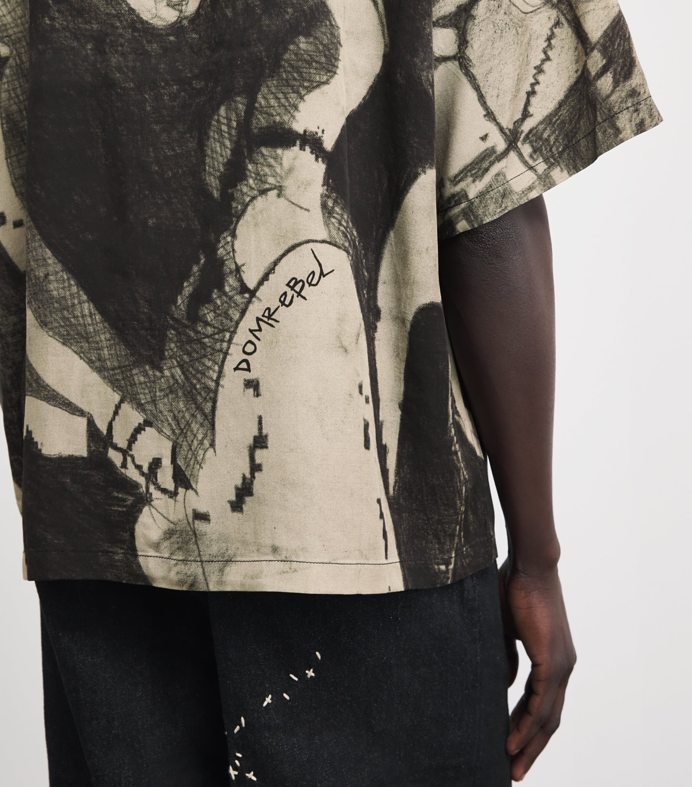 DOMREBEL Mens Squiggles Bowling Shirt Beige Image 3