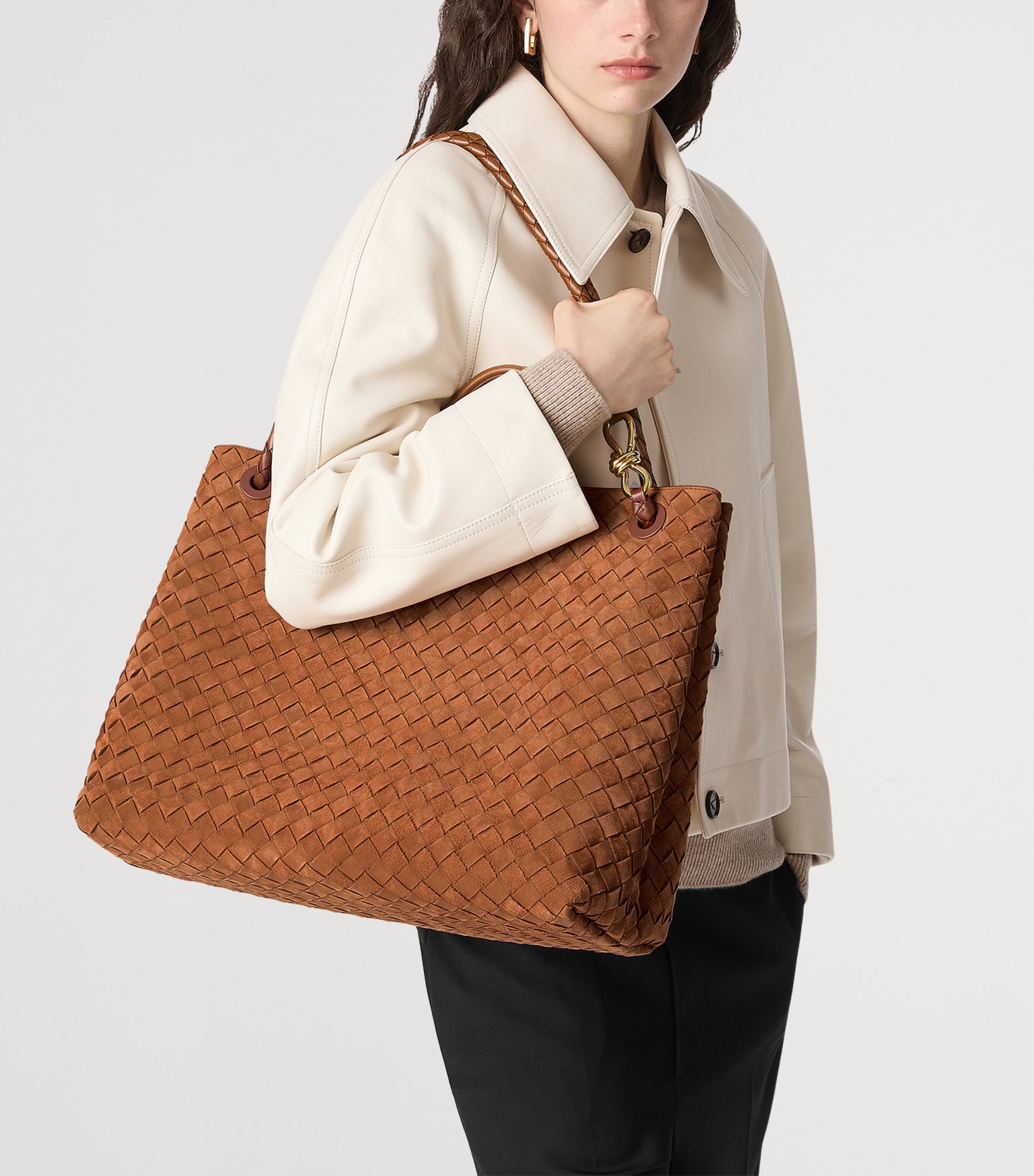 Bottega Veneta Brown Large Suede Andiamo Top-Handle Bag | Harrods US