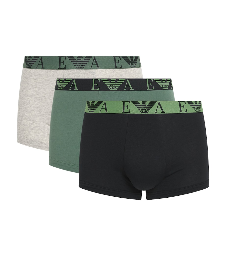 Emporio Armani Mens Stretch-Cotton Eagle Monogram Trunks (Pack of 3) Green/blk Image 1