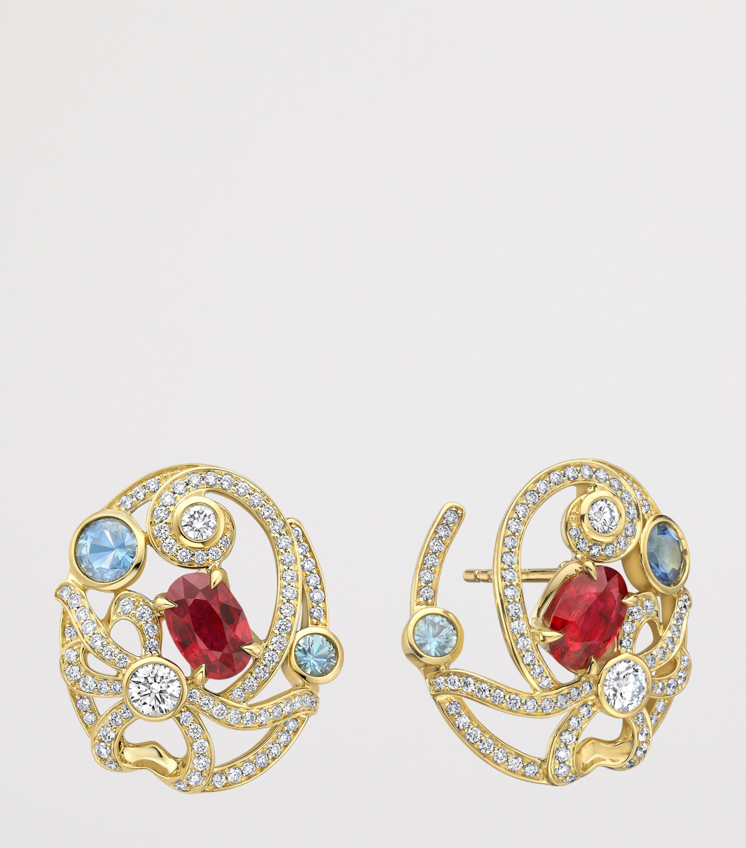 Boodles Yellow Gold, Diamond, Ruby and Sapphire Presence Chamber Palace Earrings Red Image 3