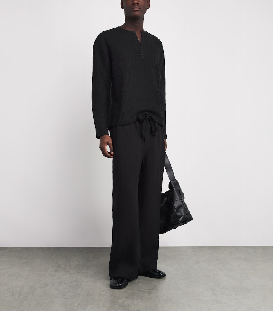 Linen-Cotton-Blend Stripe Henley T-Shirt BLACK Image 2