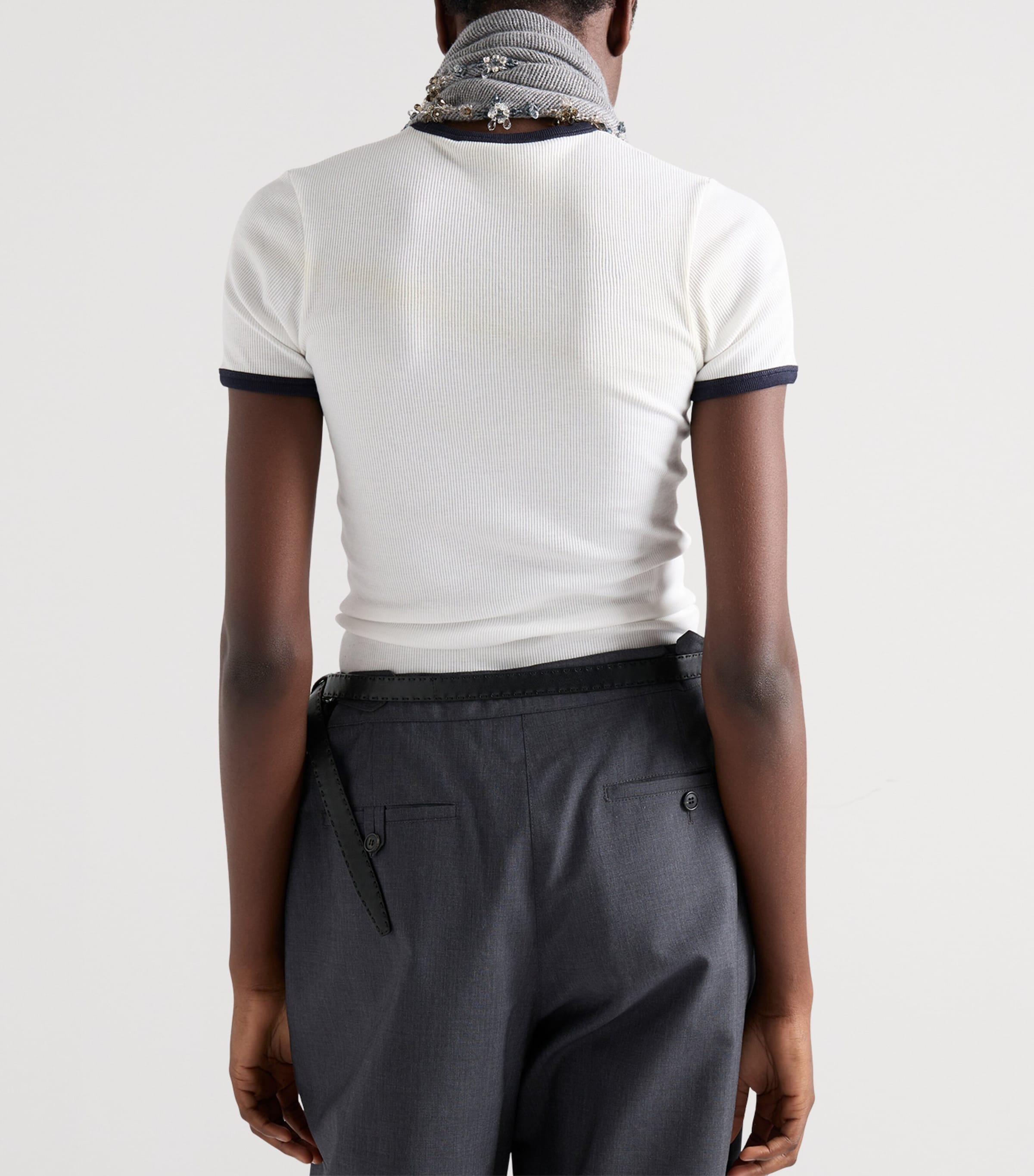 Prada Womens Contrast-Trim Ribbed T-Shirt White Image 5