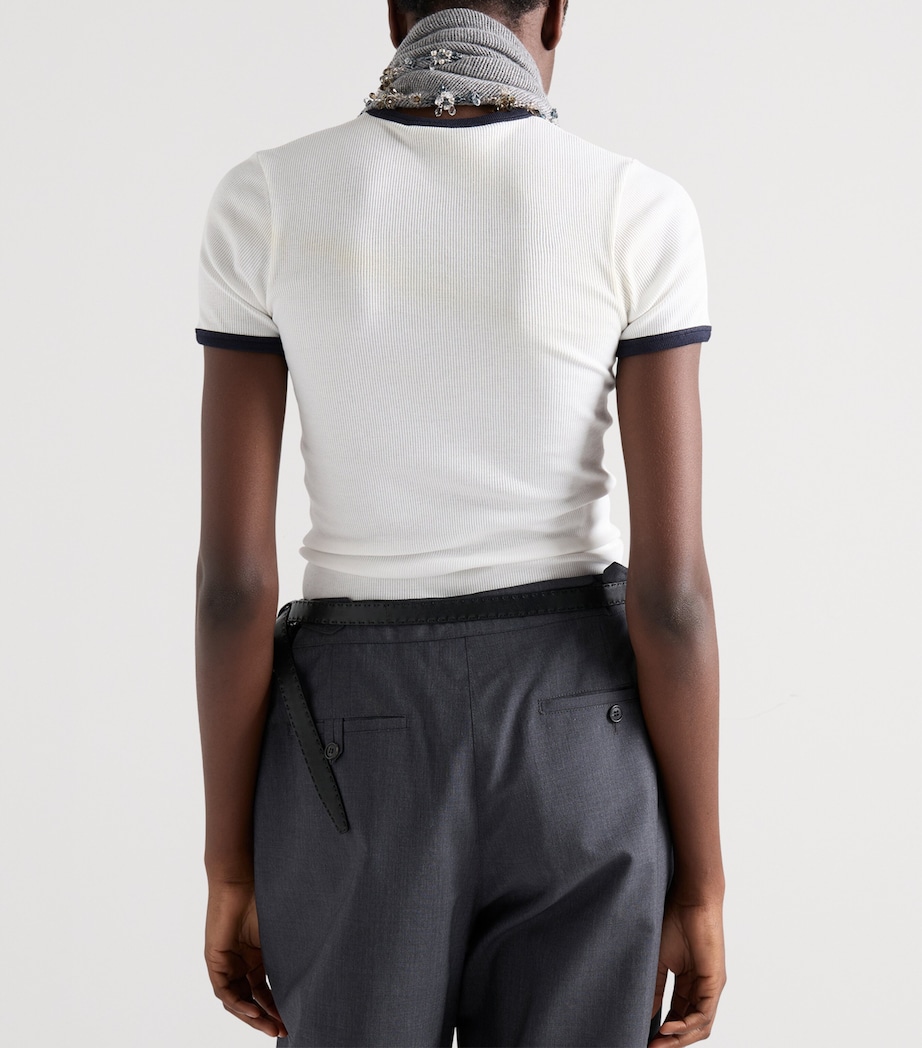 Prada Womens Contrast-Trim Ribbed T-Shirt White Image 5