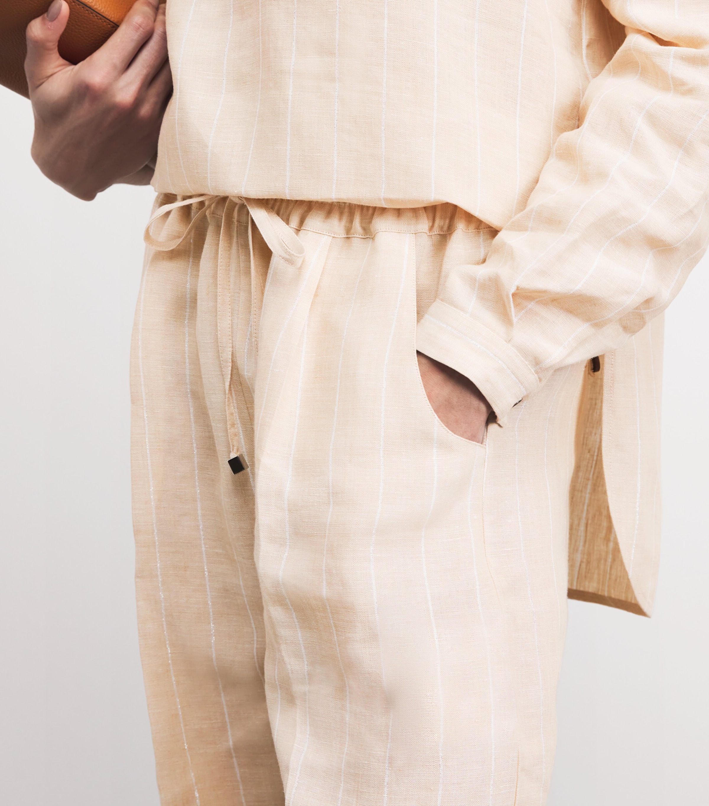 Kiton Linen Stripe Drawstring Trousers Beige Image 3
