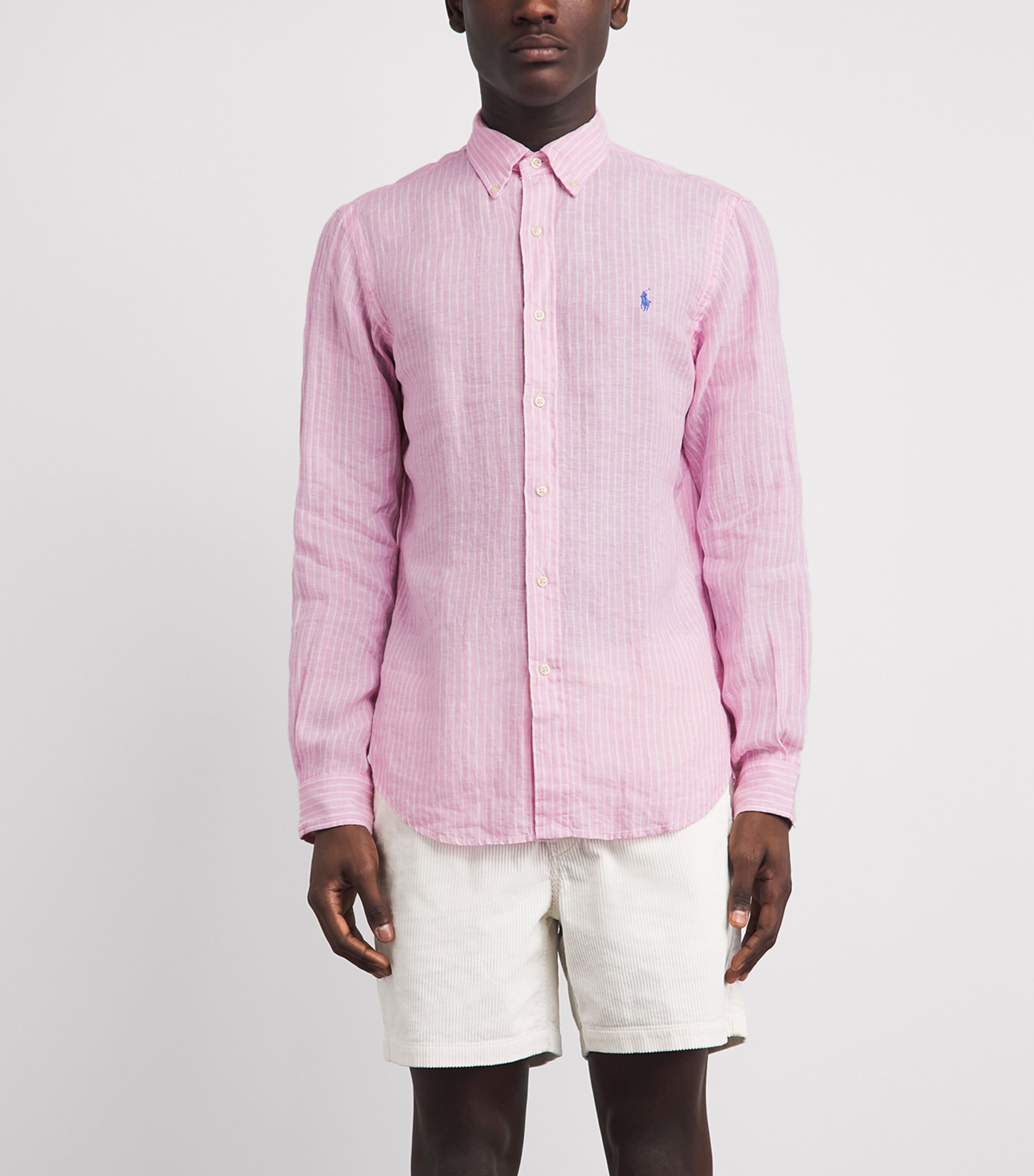 Polo Ralph Lauren Mens Linen Custom-Fit Stripe Shirt Pink White Image 4