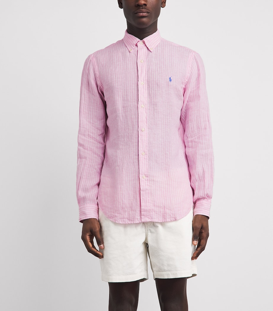 Polo Ralph Lauren Mens Linen Custom-Fit Stripe Shirt Pink White Image 4