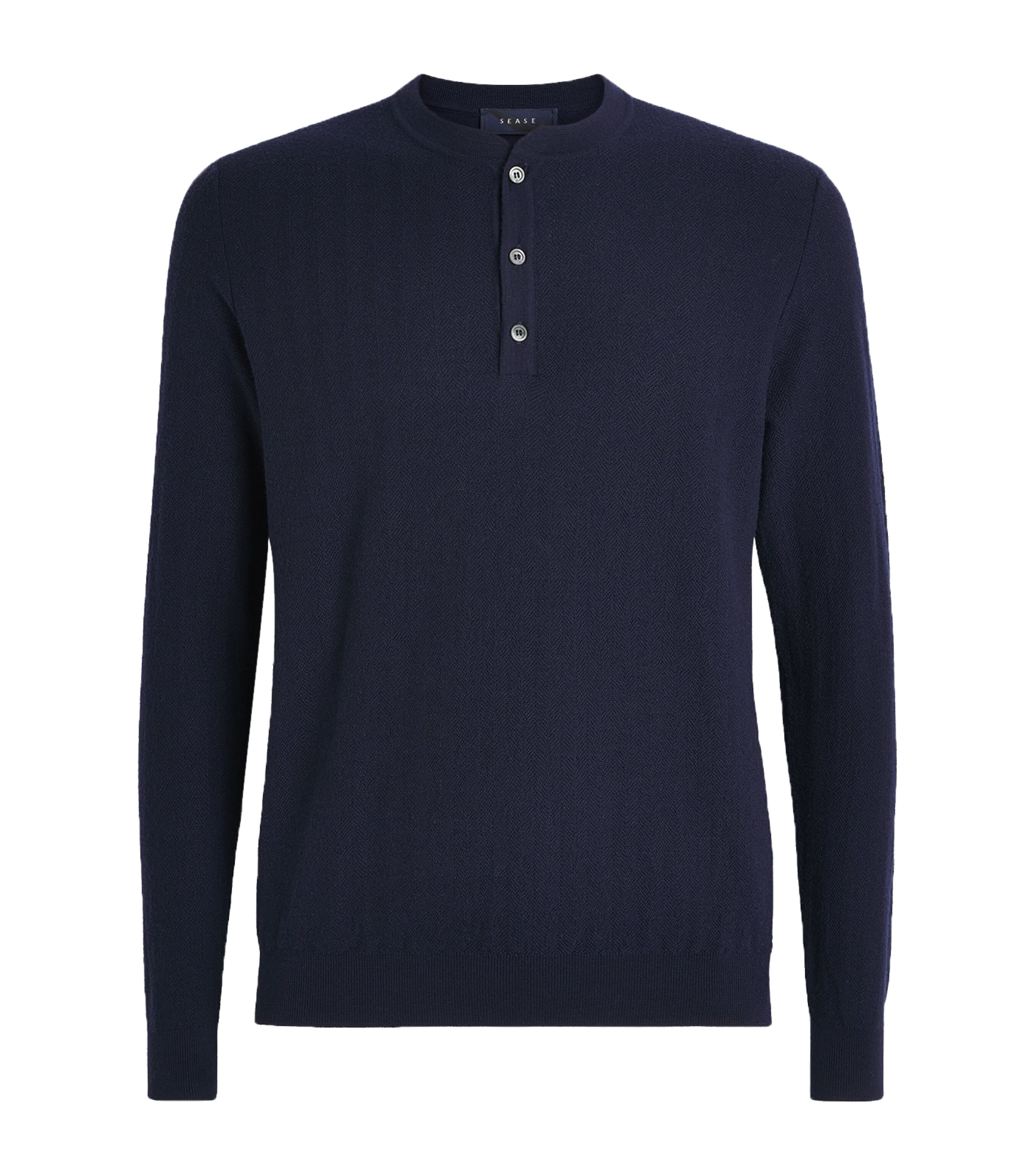Sease Mens Wool, Silk and Cashmere Herringbone Henley Top Midnight Blue Image 1
