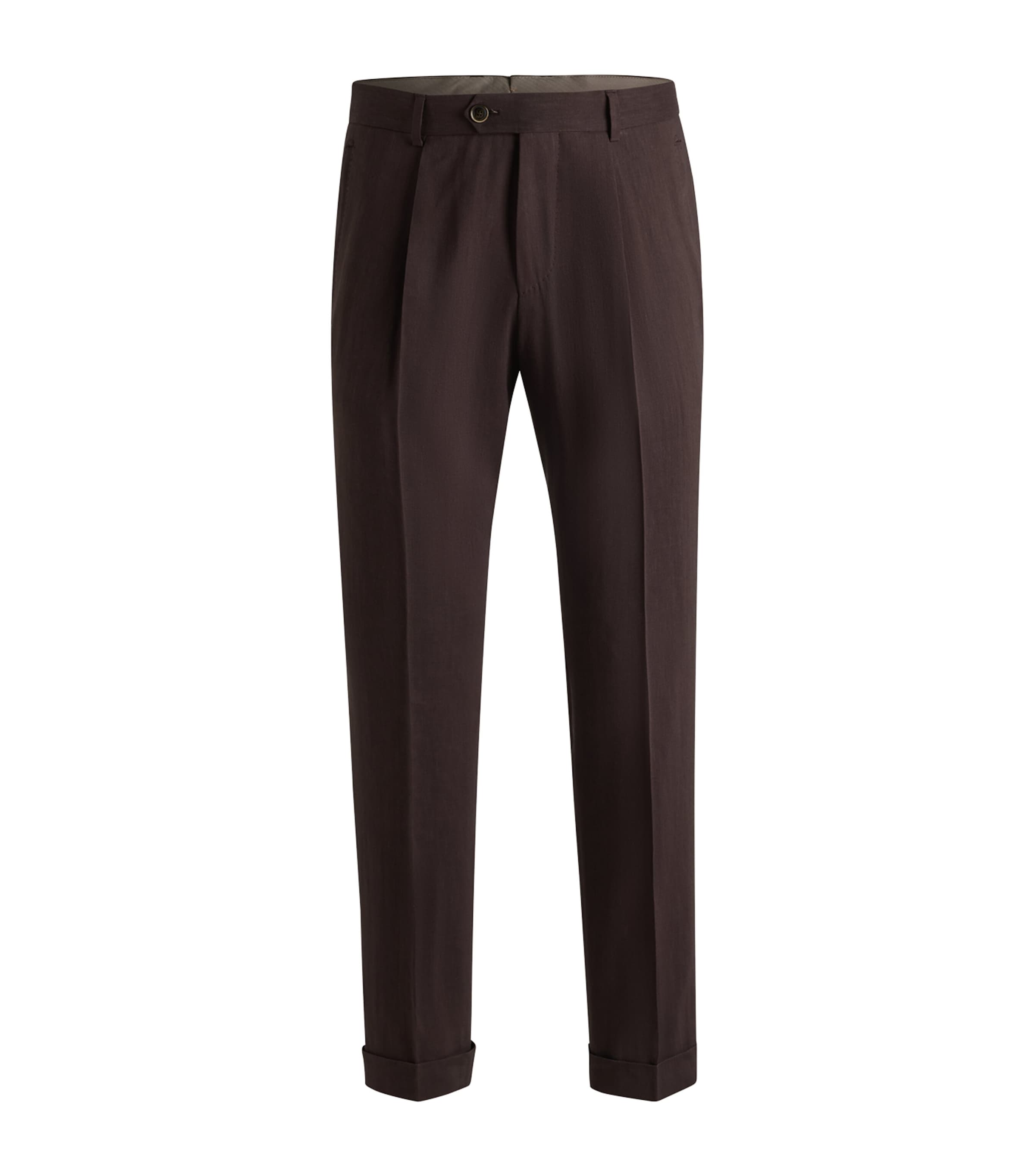 Hugo Boss Pleat-front Trousers In Linen And Wool In Brown