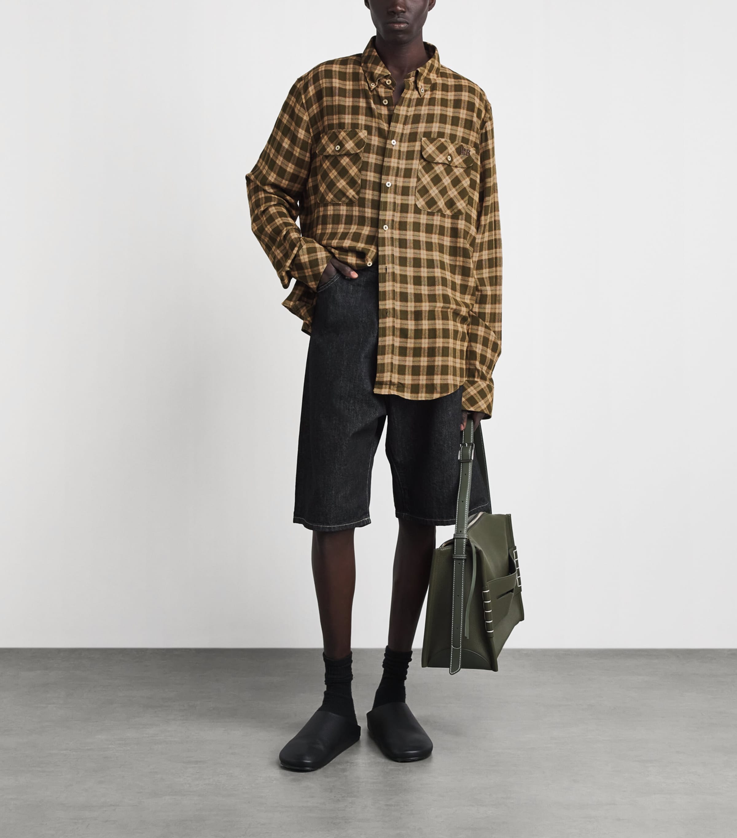 Wales Bonner Mens Cotton Check Canopy Shirt Jade / Ocre / Oyster Image 2