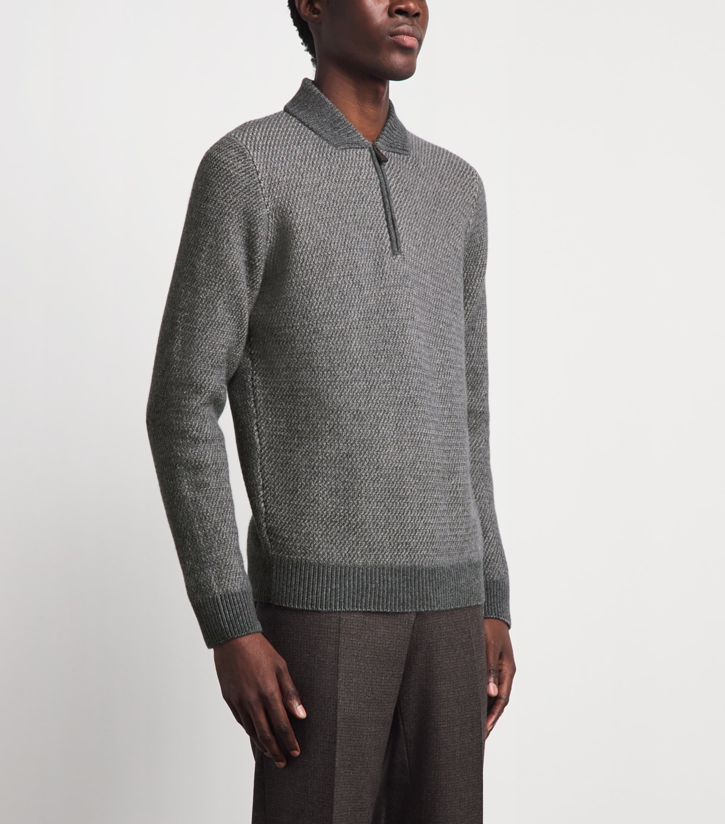 Colombo Mens Cashmere Quarter-Zip Sweater Grey/beige Image 4