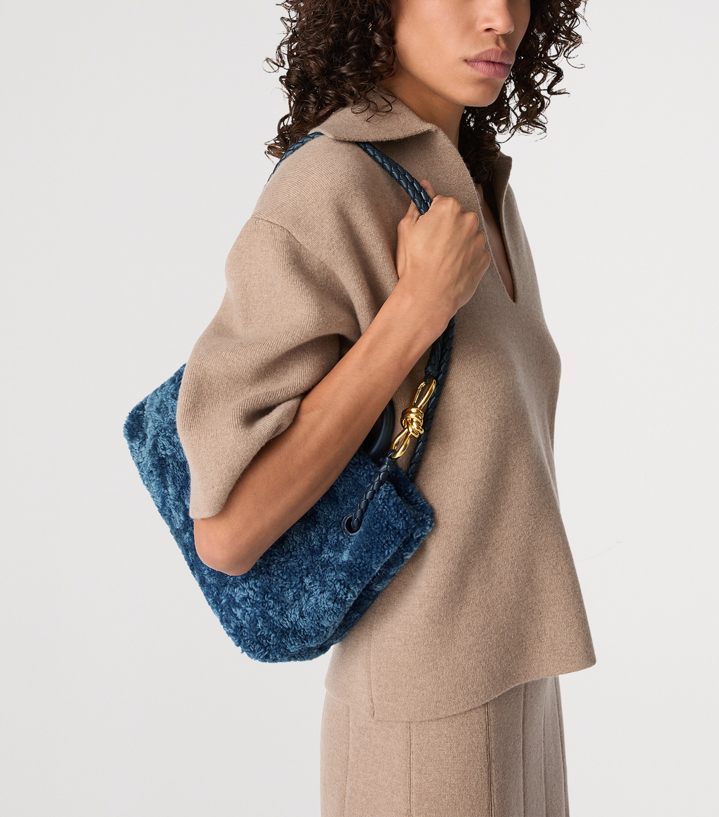 Bottega Veneta Blue Small Shearling Andiamo Shoulder Bag | Harrods US