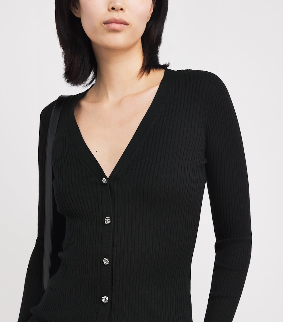 Rib-Knit V-Neck Cardigan BLACK Image 6