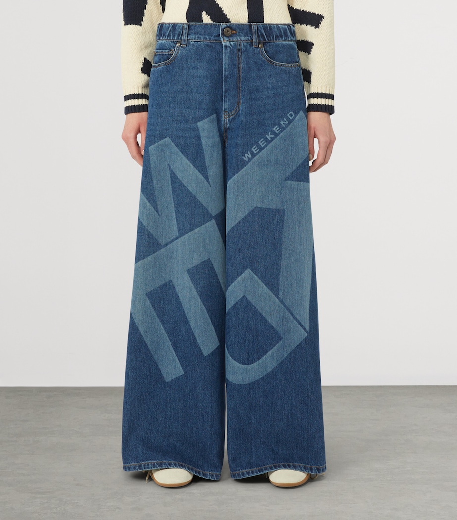 Weekend Max Mara Womens Logo-Printed Authentic Wide-Leg Jeans Navy Image 3