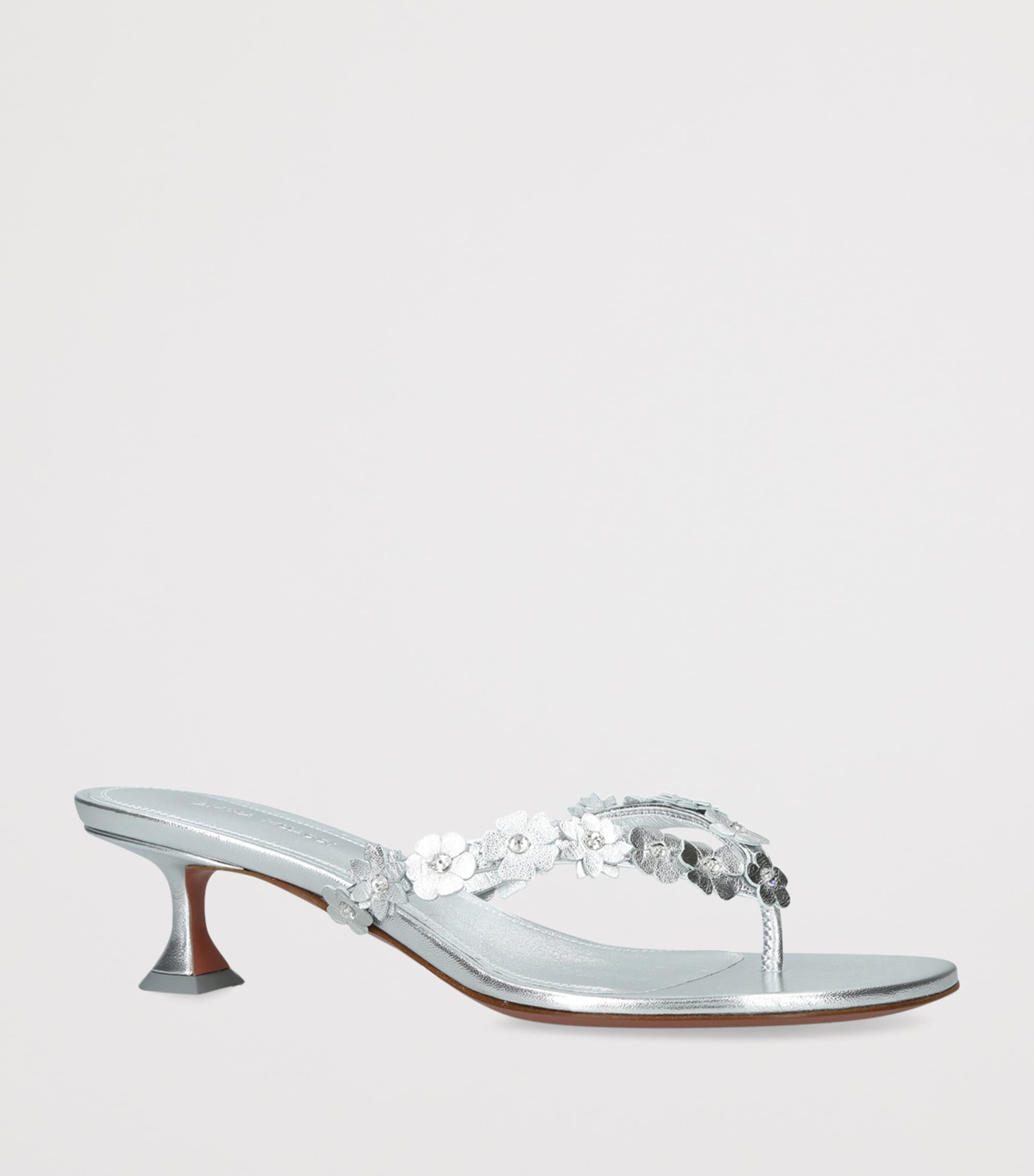 Amina Muaddi Leather Janis Heeled Sandals 45 Silver Image 3