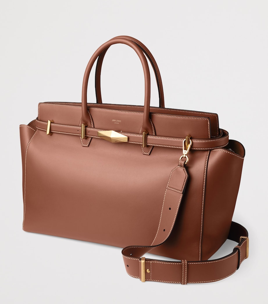 Diamond Leather Belted Top-Handle Bag TAN/ECRU/GOLD Image 4