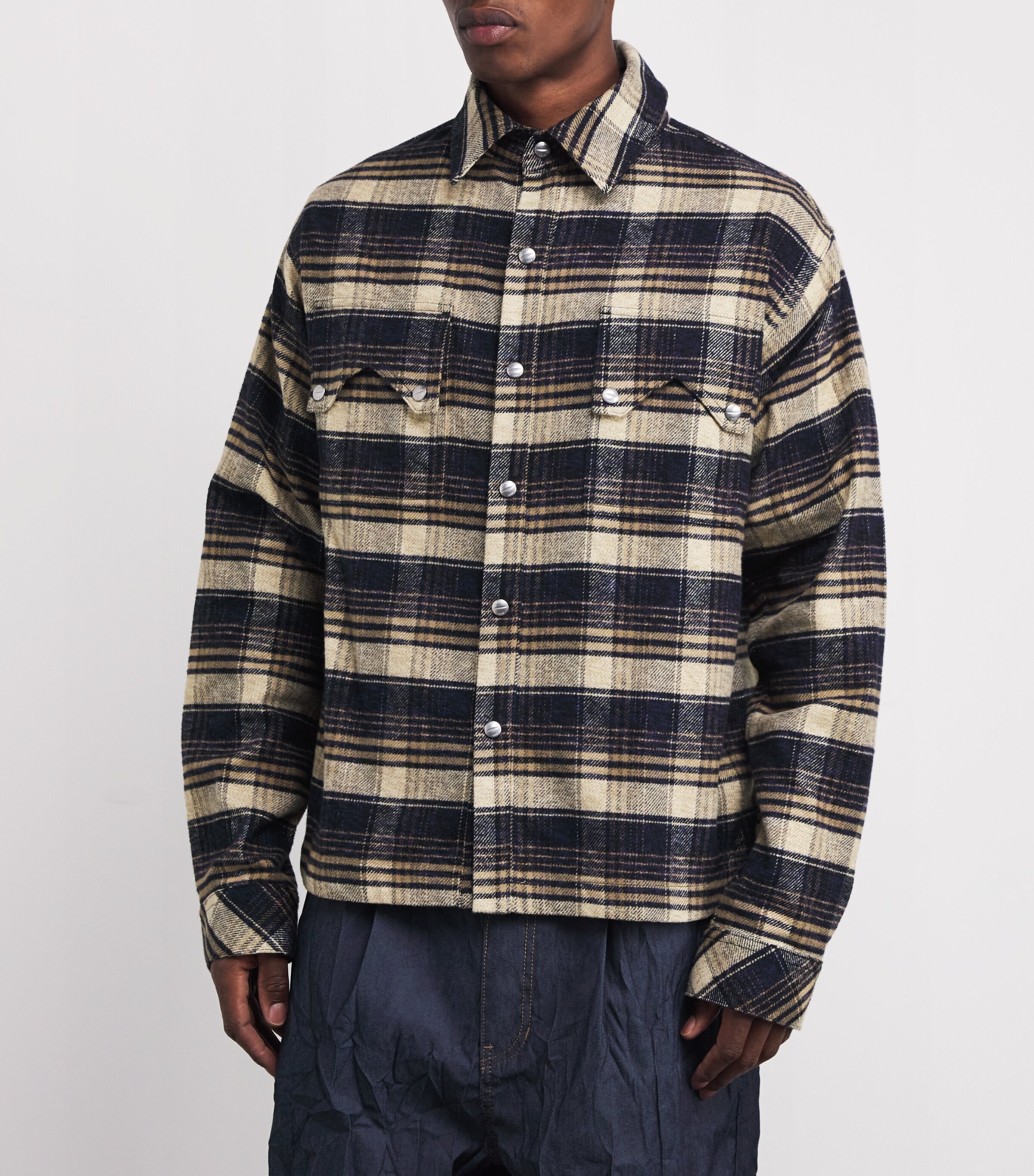 Rhude Mens Cotton Flannel Check Overshirt Dark Navy/beige Image 3