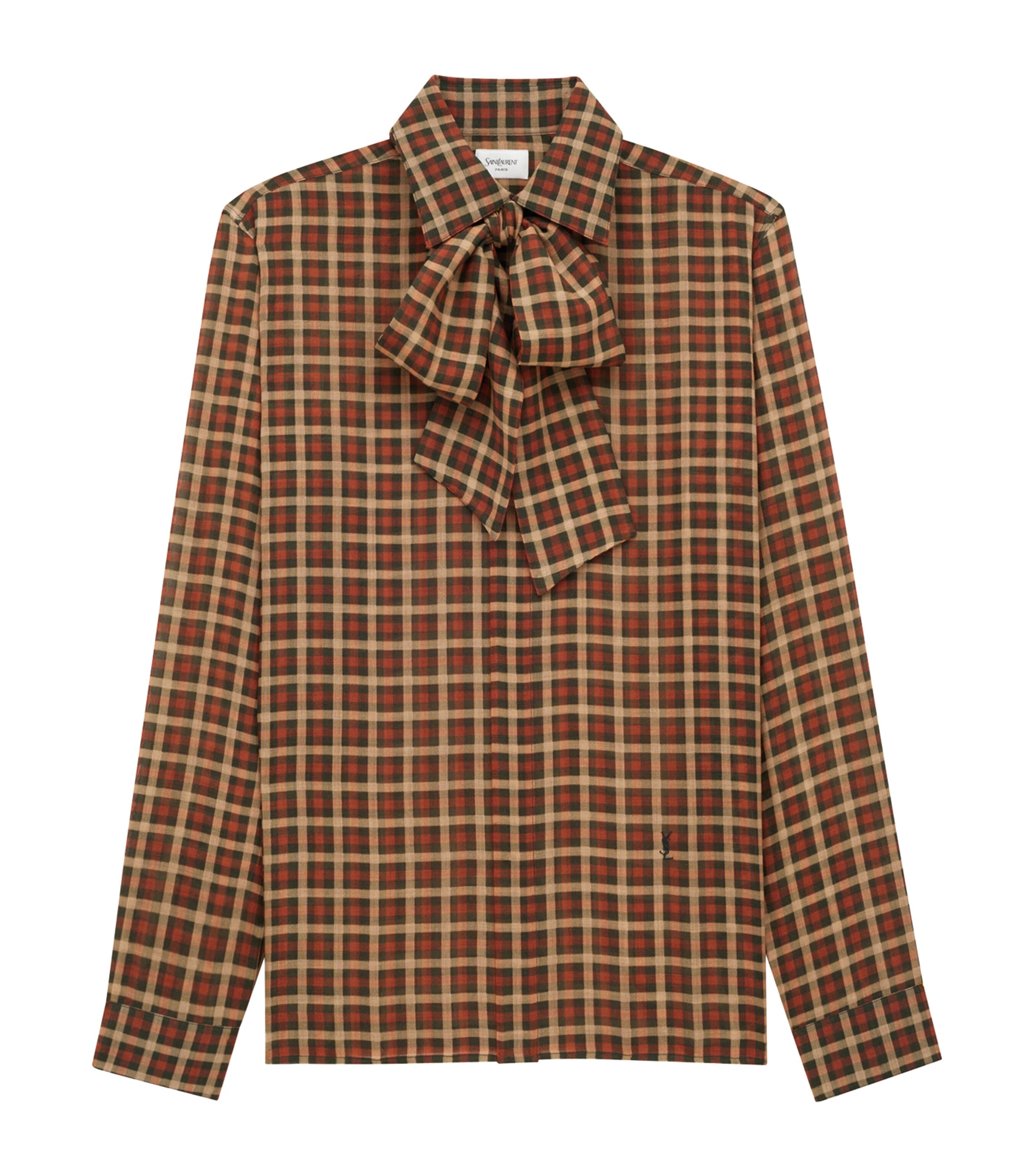 Saint Laurent Long-sleeve Wool Tie-neck Shirt In Brown
