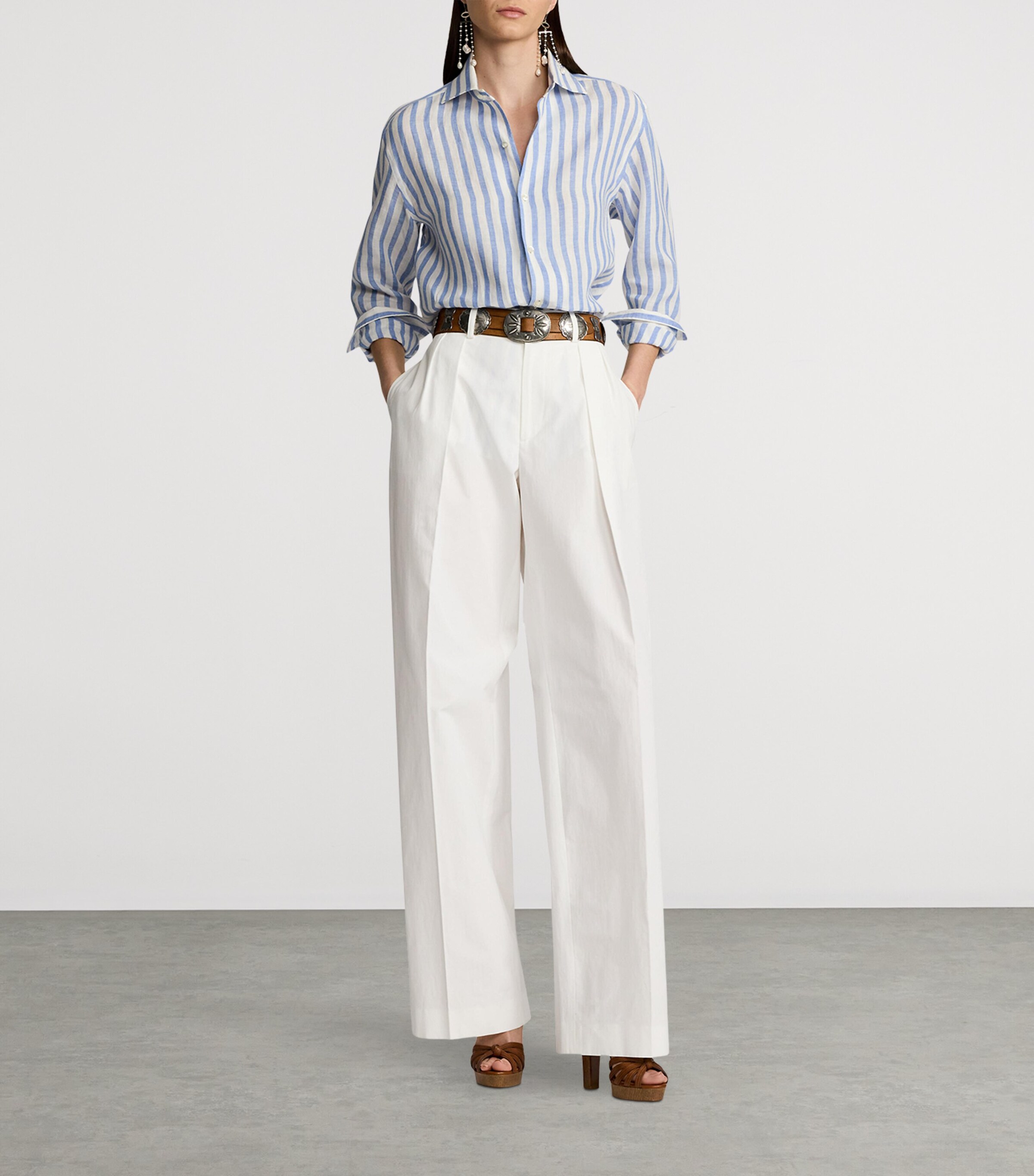 Ralph Lauren Collection Womens Linen Capri Shirt Cream/cornflower Image 8
