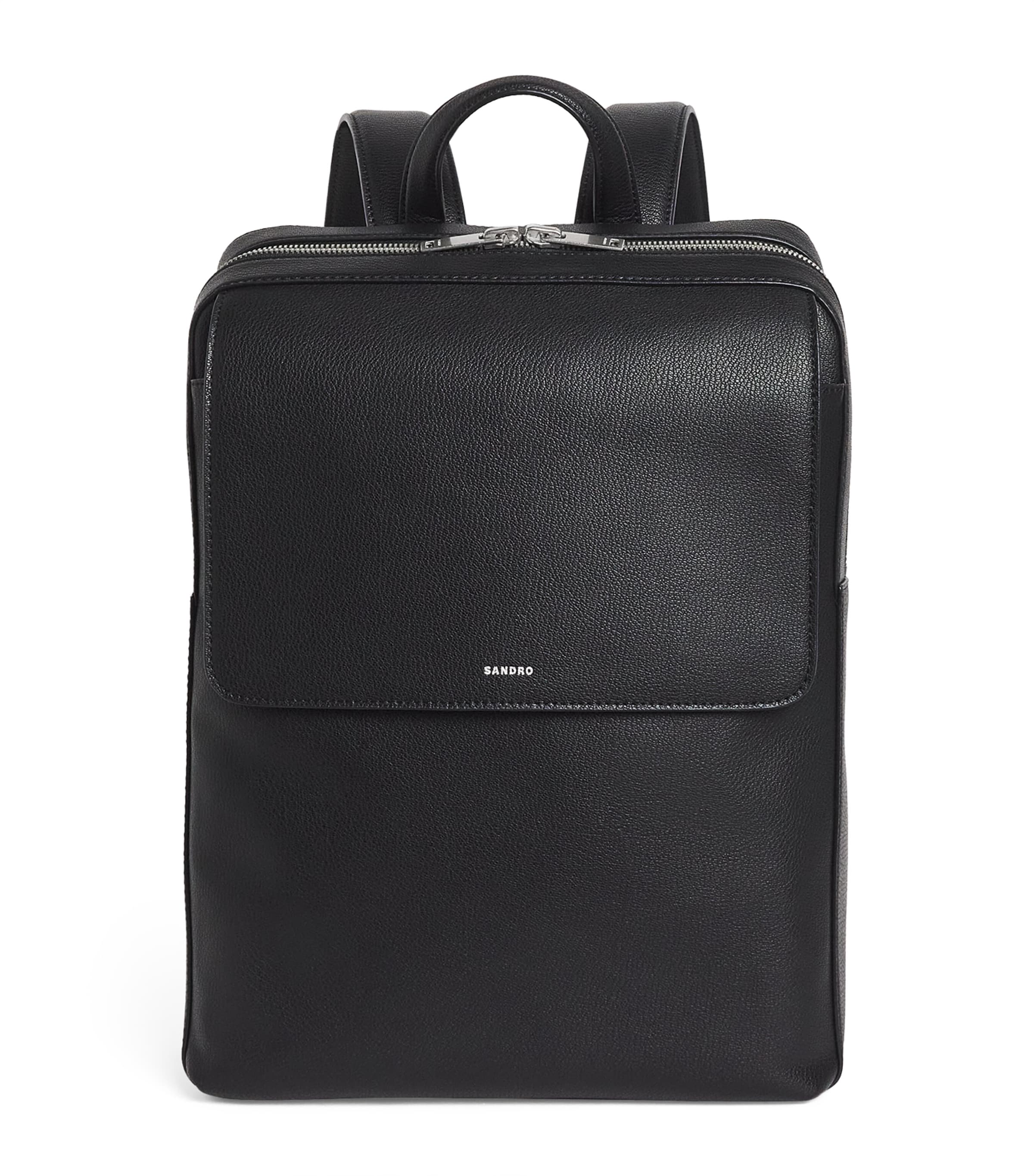 Sandro Mens Black Branded Leather Backpack In Black