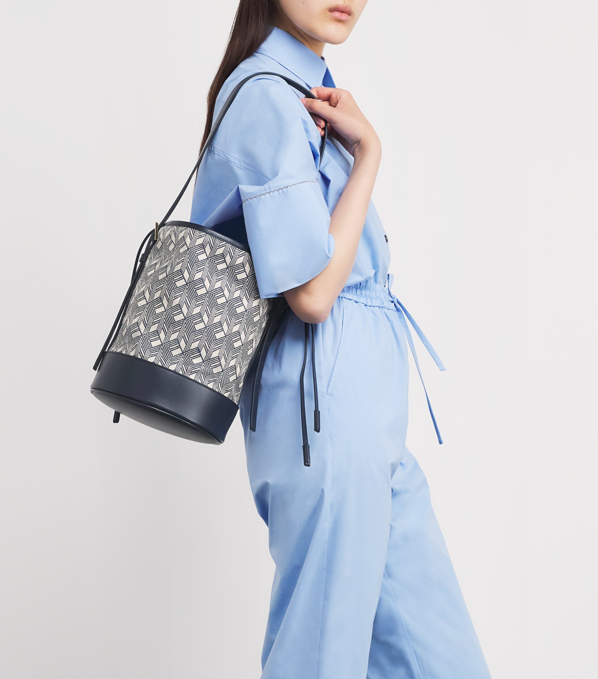 Fabiana Filippi Womens Mini Leather-Trim Monogram Bucket Bag Blu Image 5