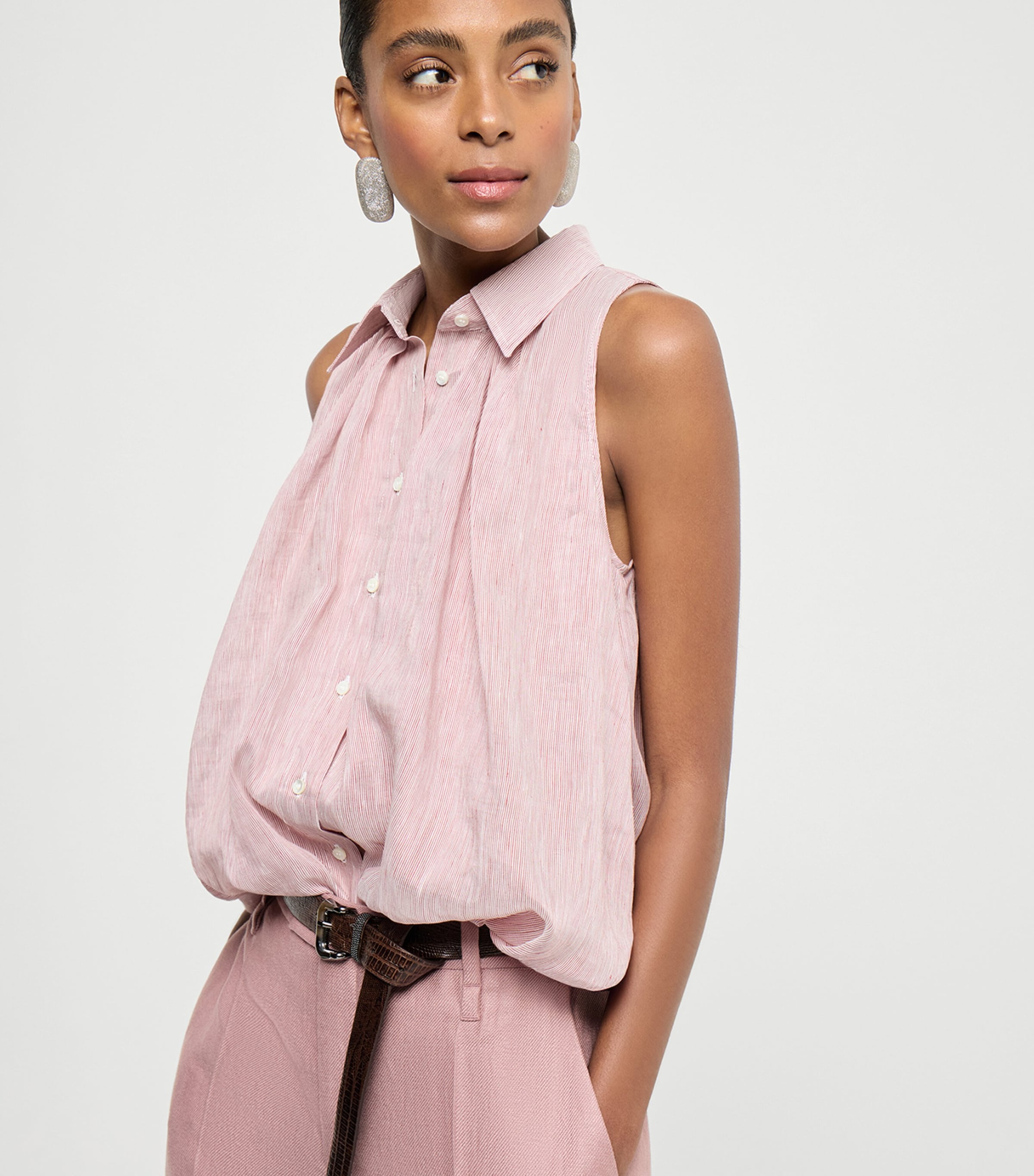 Brunello Cucinelli Womens Linen-Silk Stripe Sleeveless Shirt Image 3