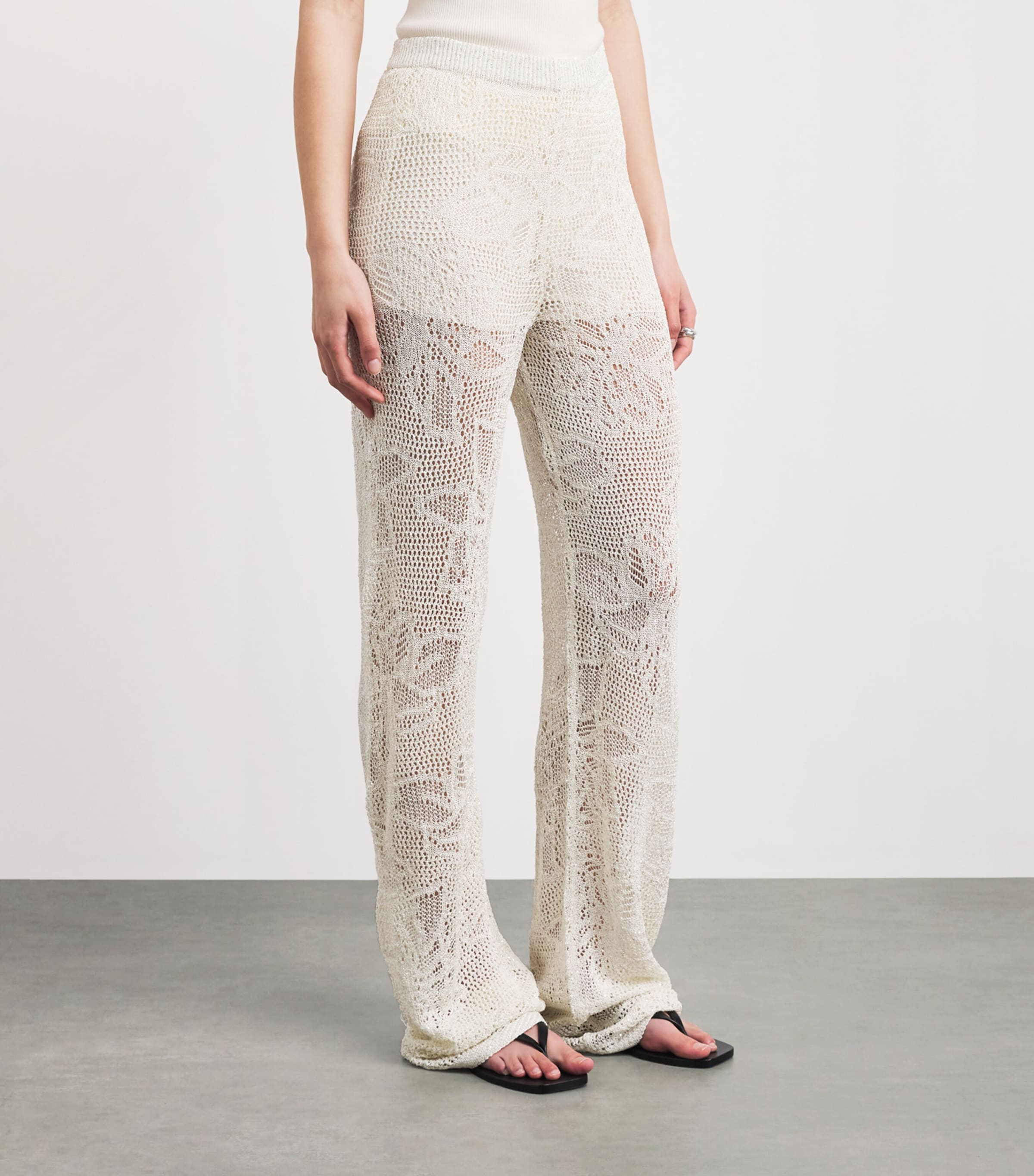 Fabiana Filippi Womens Sequin-Embellished Crochet Trousers Mastice Image 4