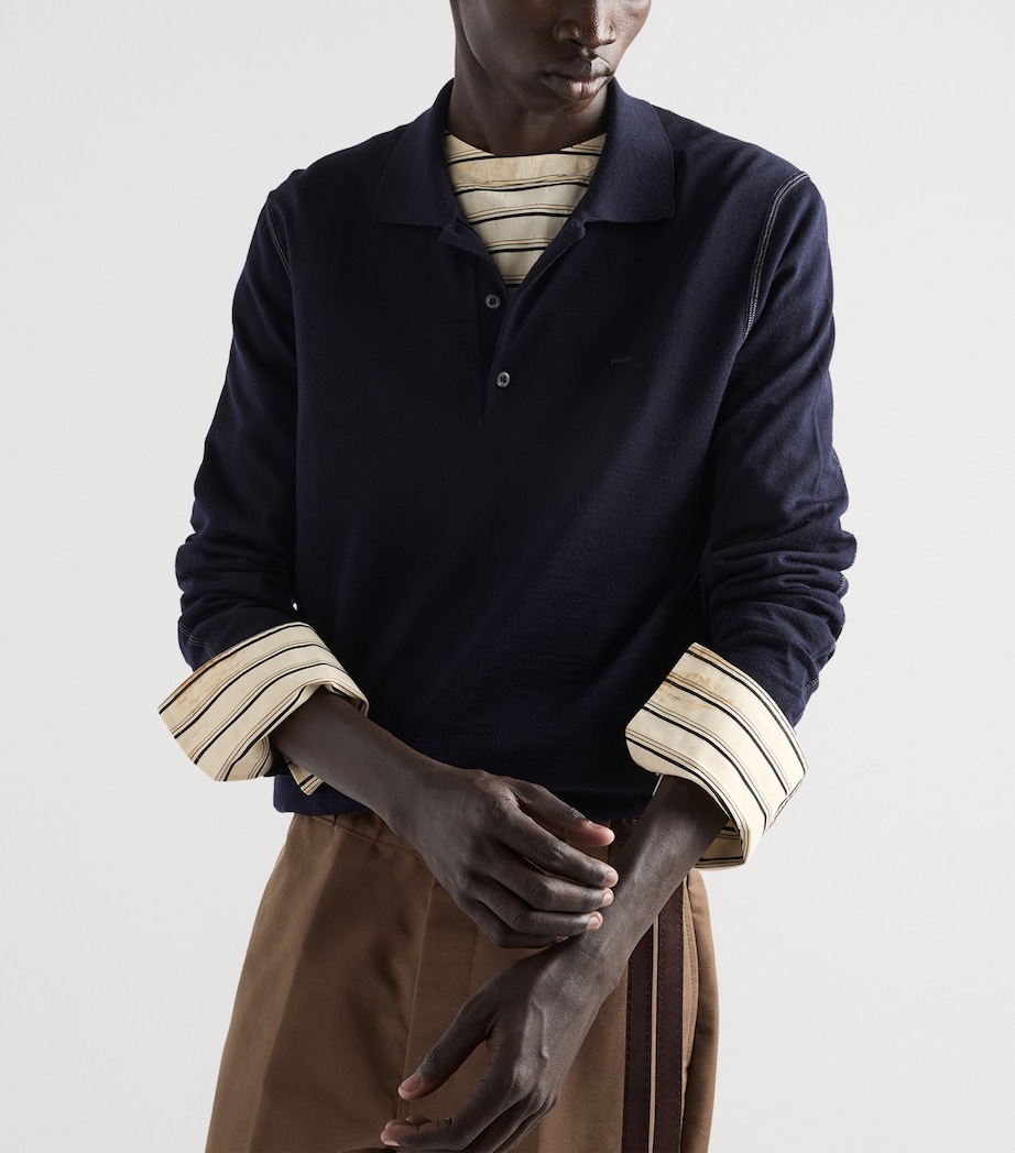 Prada Mens Wool Logo Polo Sweater Blue Image 3