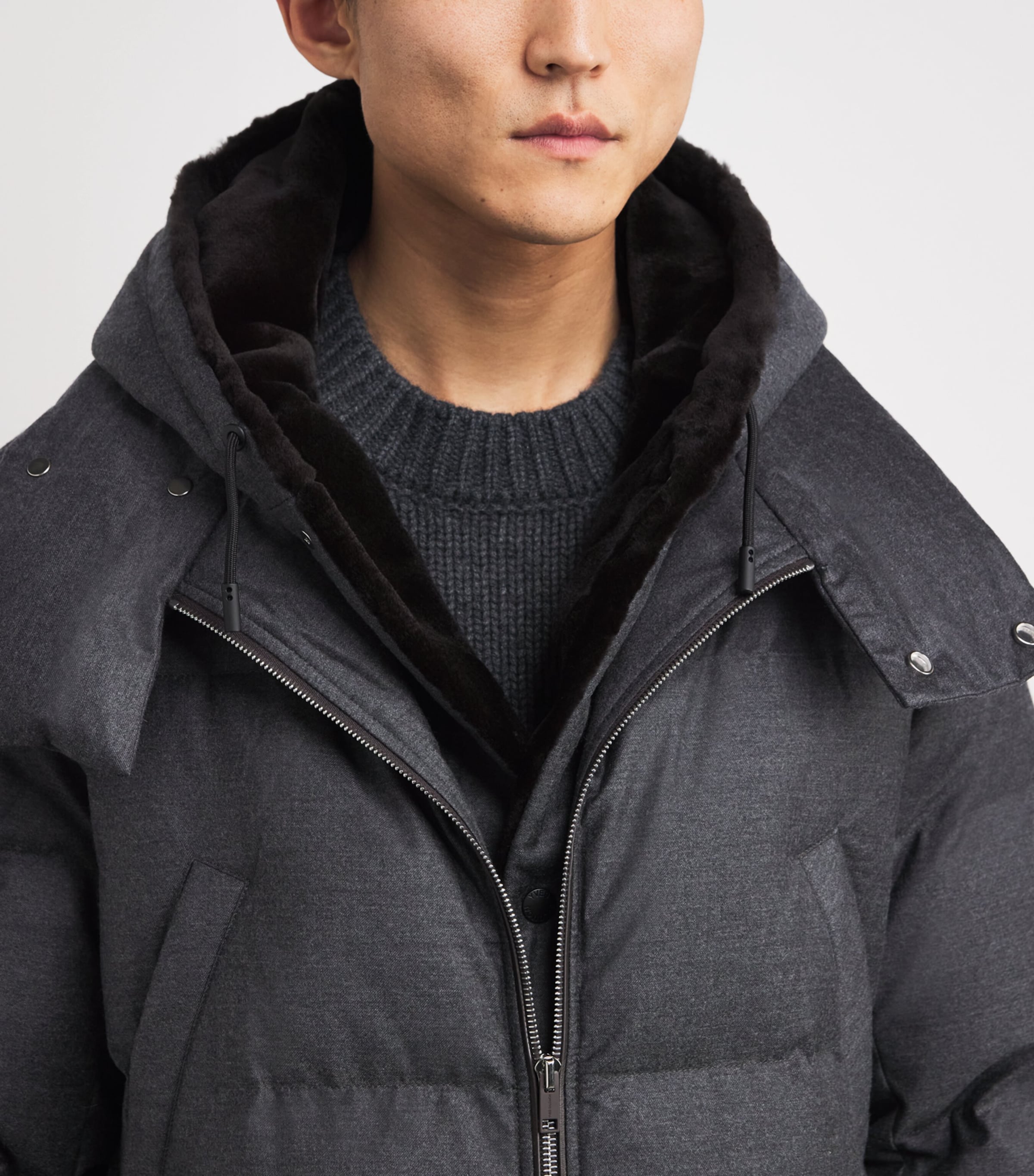 Wool-Silk Down Mink-Trim Coat B0232 ANTHRACITE/MHO Image 6