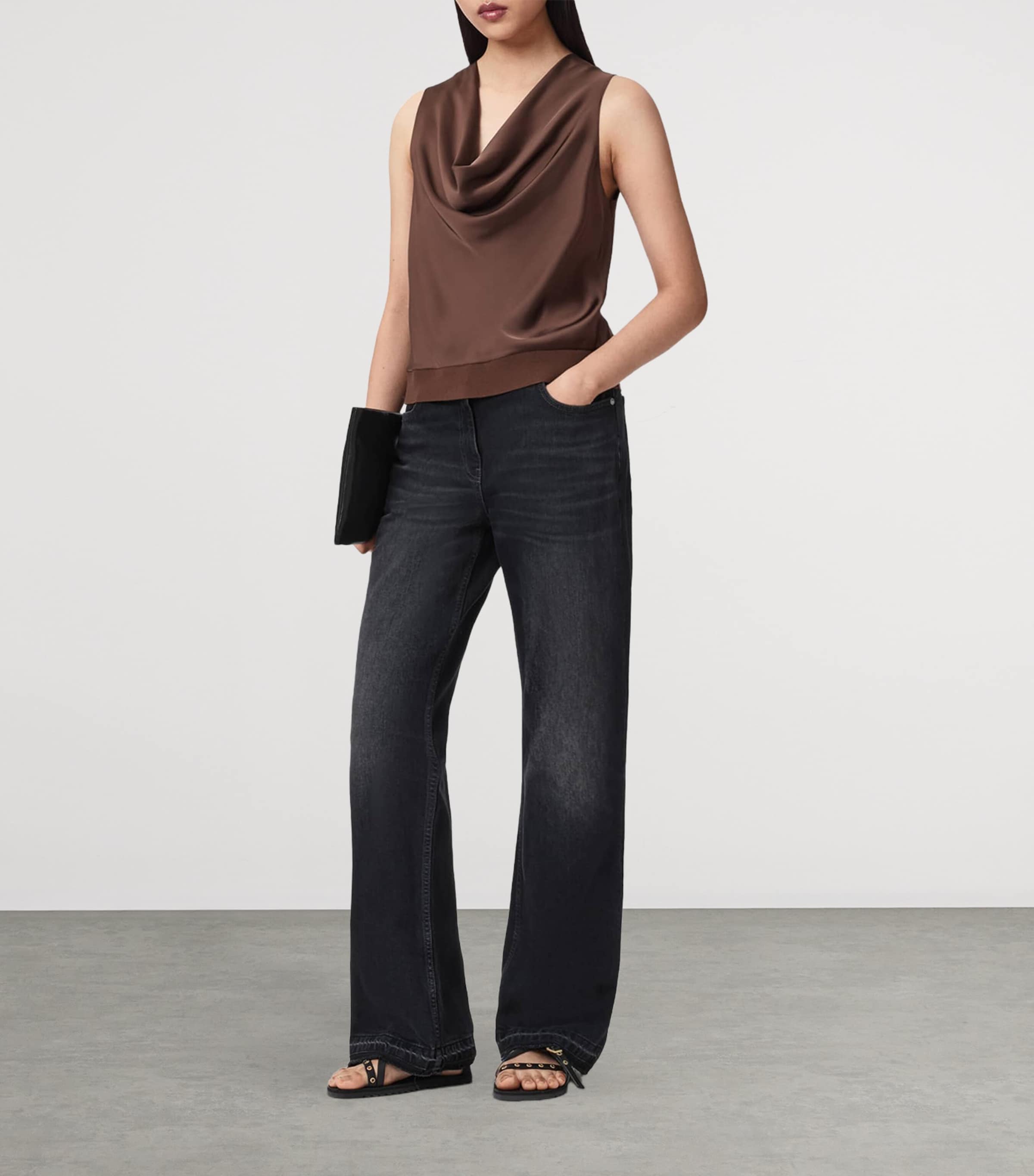 AllSaints Brown Satin Cowl-Neck Zoey Tank Top | Harrods UK