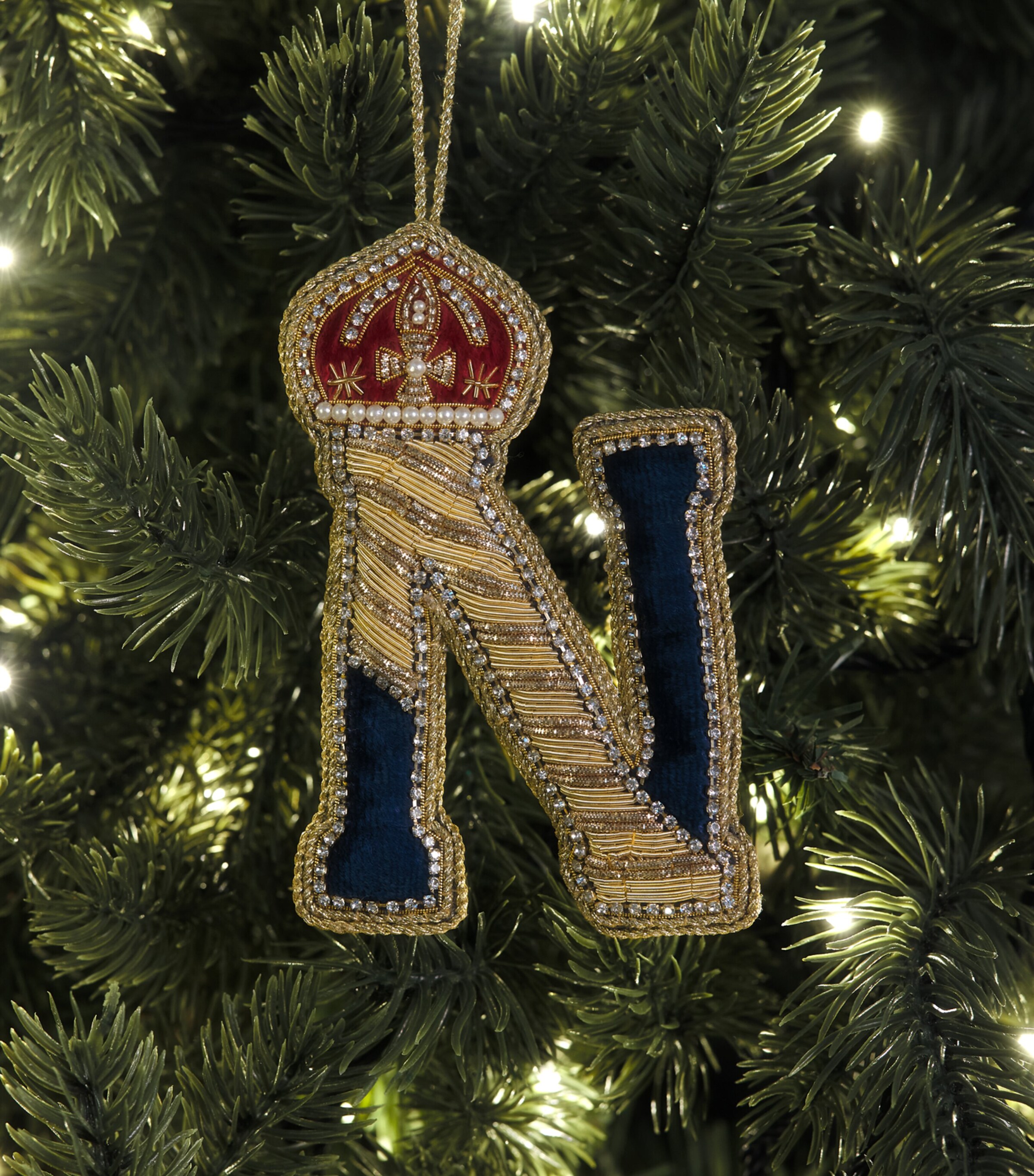 Tinker Tailor Velvet Crystal Letter N Tree Decoration Navy, Gold & Wine Image 3