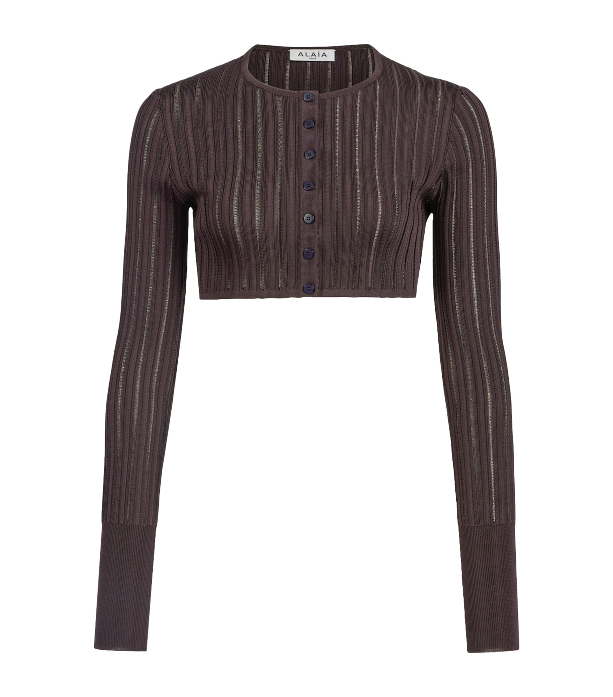 Alaïa Womens Striped Cropped Cardigan Plum Image 1