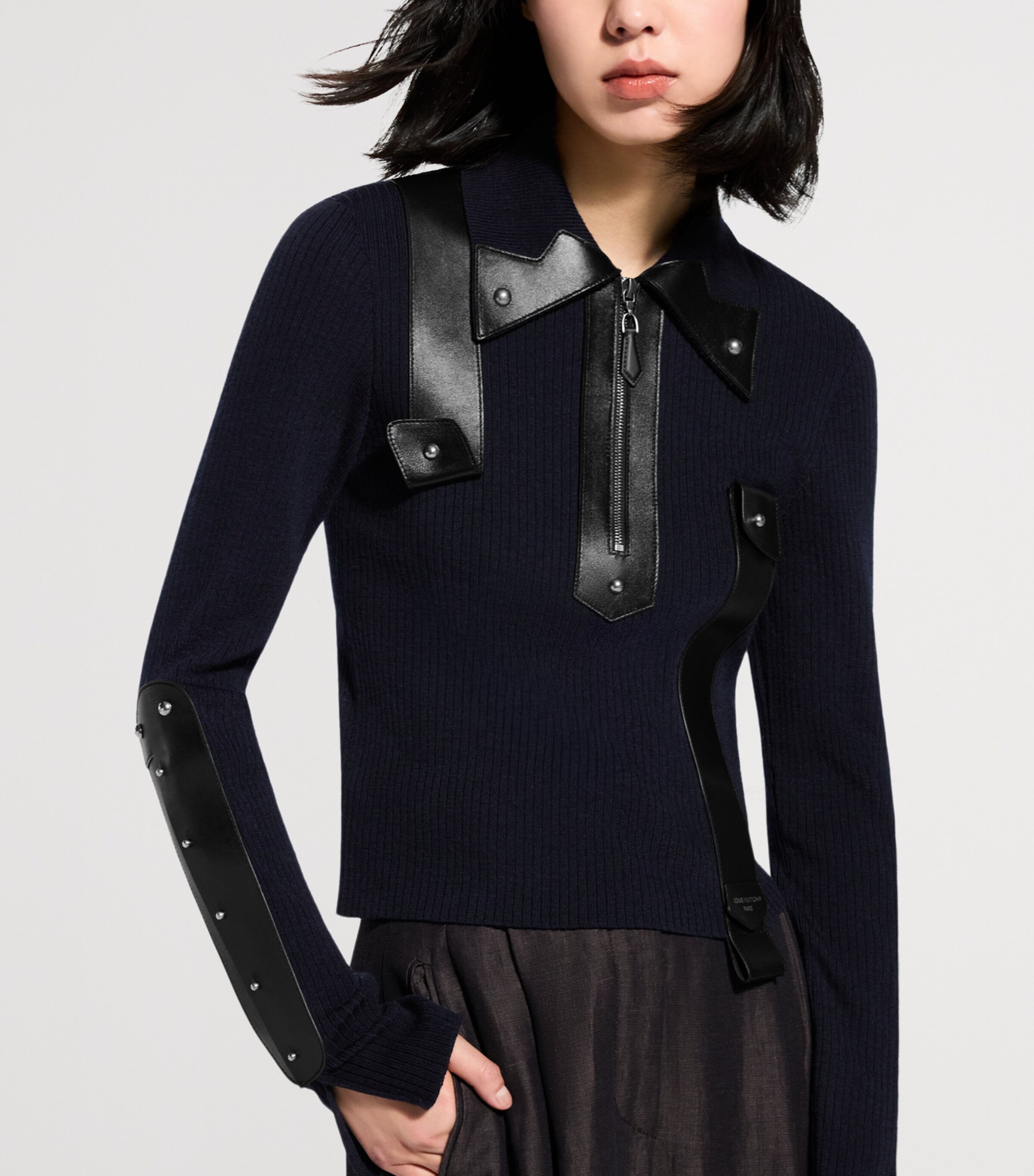 LOUIS VUITTON Womens Wool Leather-Accent Polo Shirt Dark Navy Blue Image 4