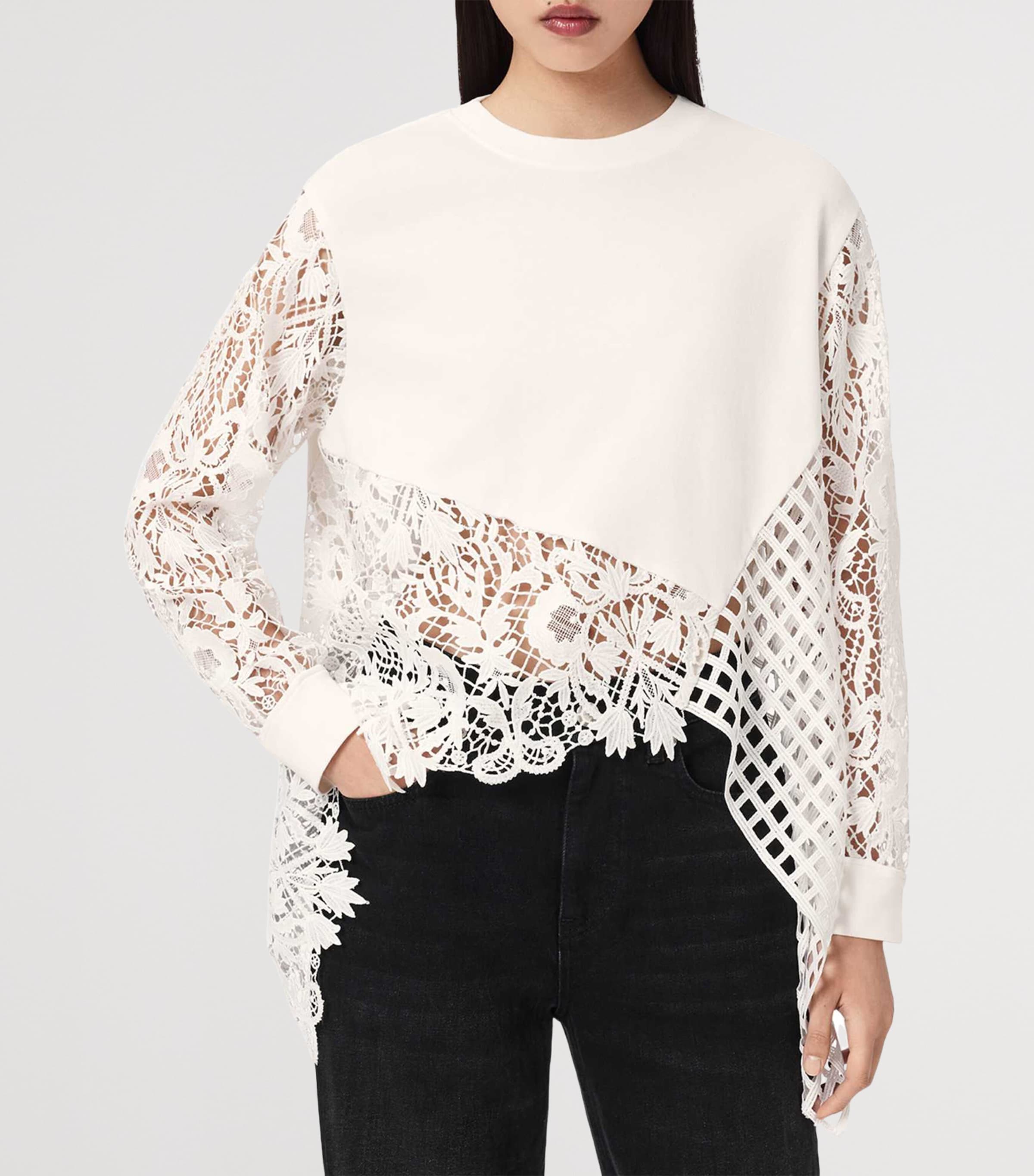 AllSaints Womens Organic Cotton Lace-Panel Malorie Sweatshirt White Image 3