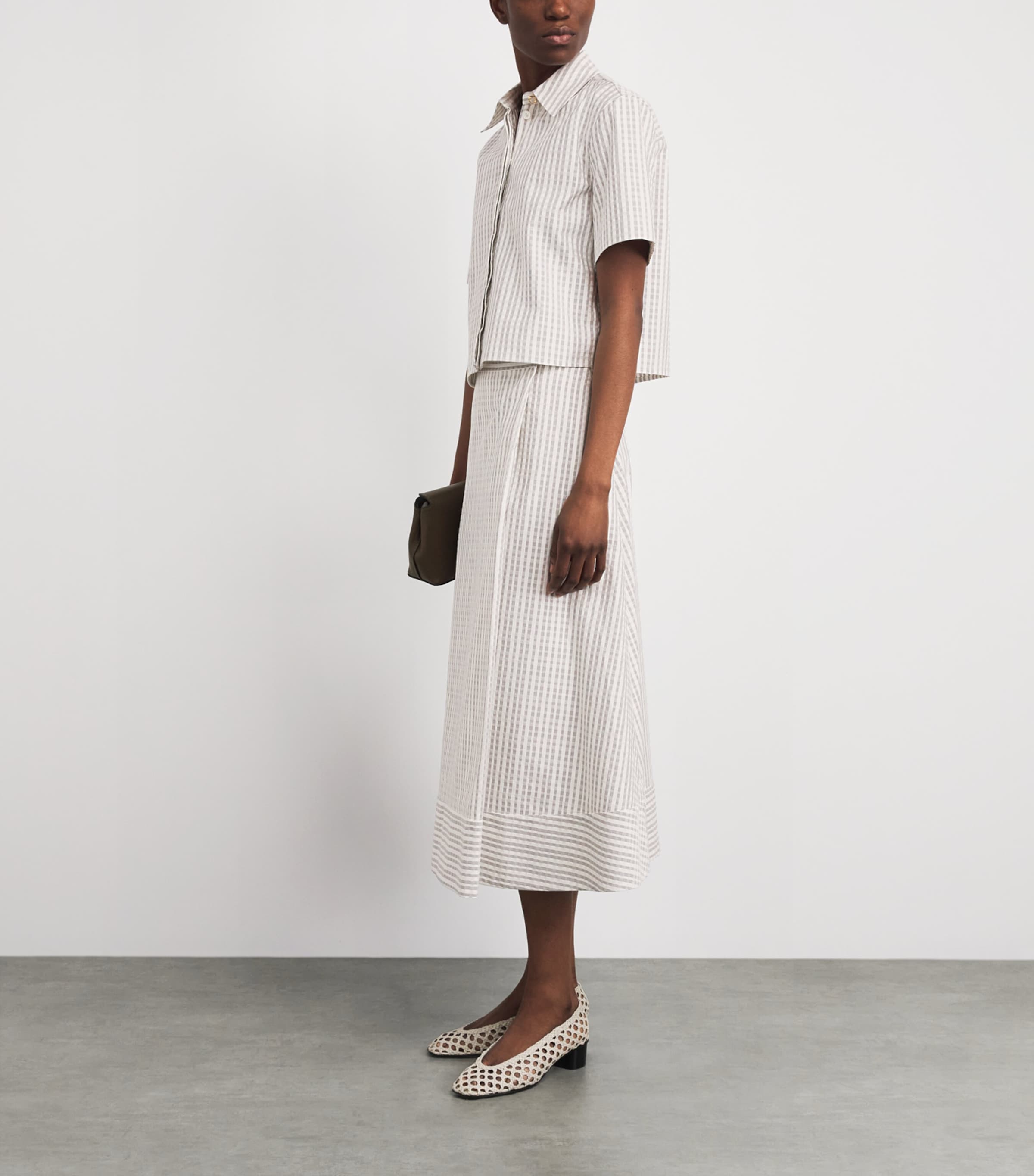 Agnona Womens Cotton-Silk Stripe Midi Skirt White Grey Grey Image 2