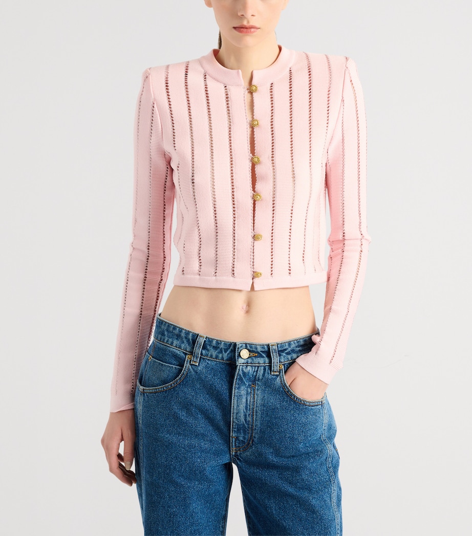 Balmain Womens Cropped Fléchage Cardigan Rose Image 3