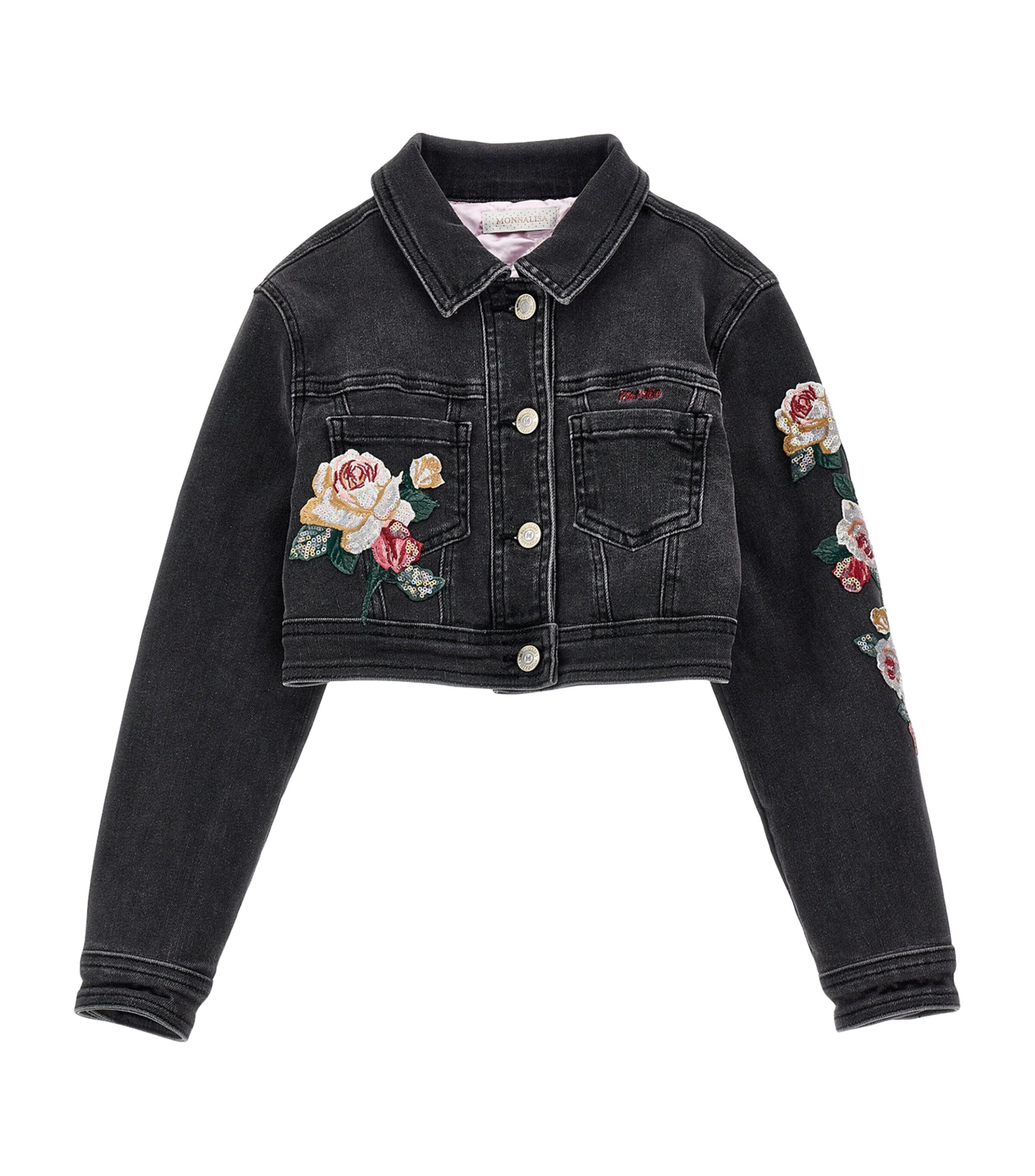 Monnalisa Cropped Floral Denim Jacket (4-16 Years) In Black