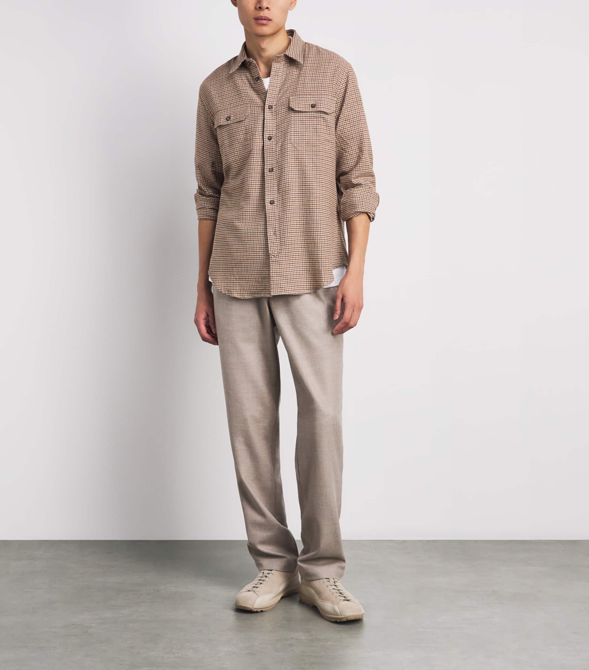 Sease Mens Brushed Cotton Flannel Military Shirt Brown Beige Image 2