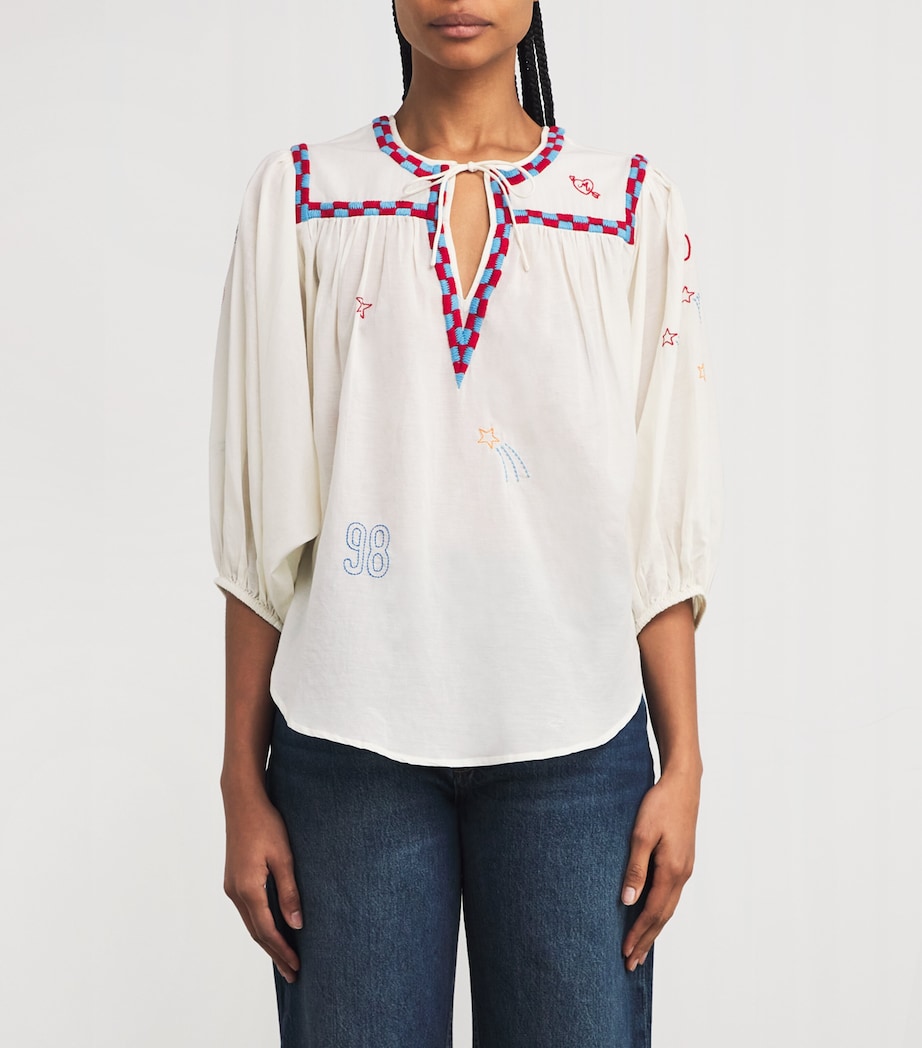 MOTHER Womens Cotton-Blend Embroidered The Breeze Blouse Last Lap Whspr White Image 3