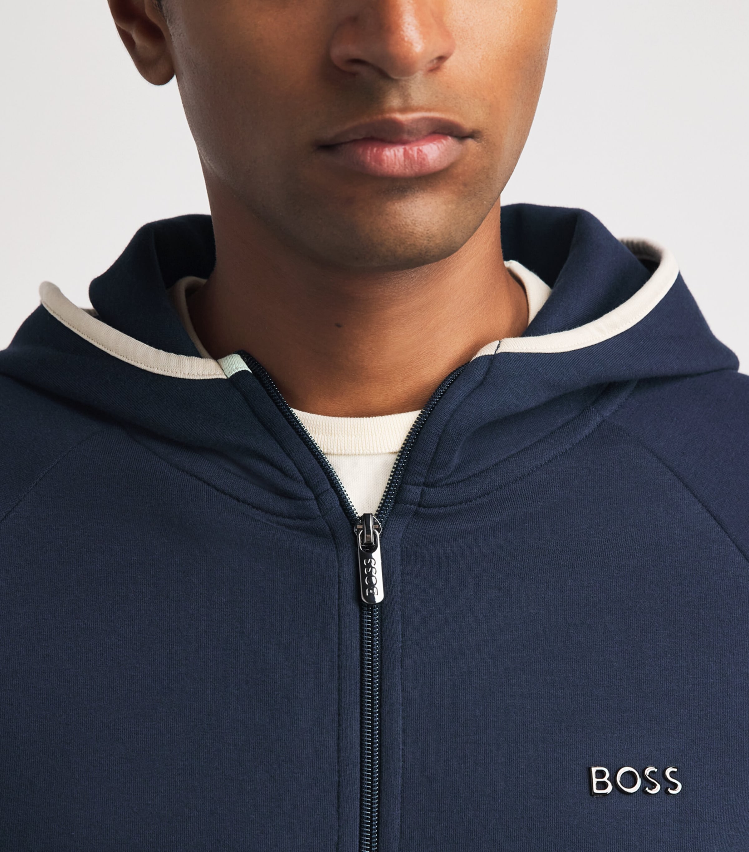 BOSS Mens Contrast-Trim Sense Zip-Up Hoodie Dark Blue Image 3
