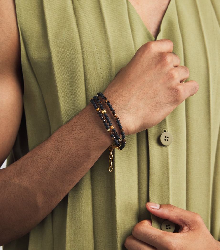 Gold-Plated Stainless Steel, Brown Tiger Eye and Matte Onyx Beaded Bracelet MULTI Image 2