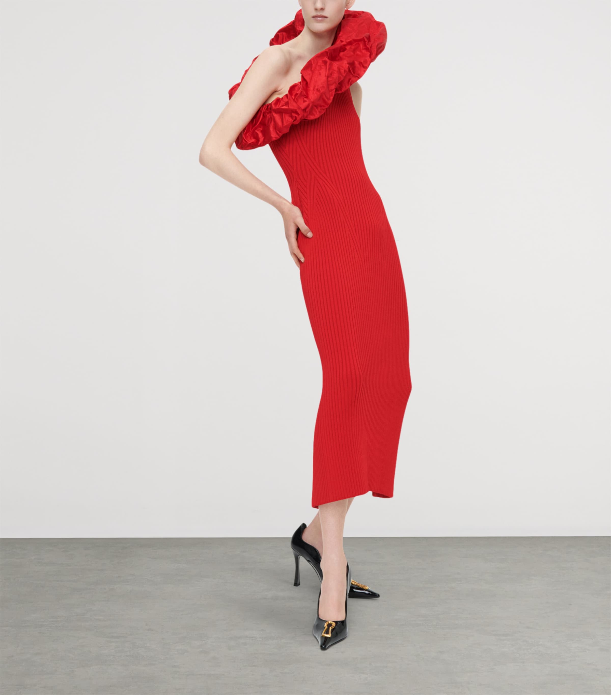 Schiaparelli Womens Knitted Sculptural Ruffle Midi Dress Red Image 2